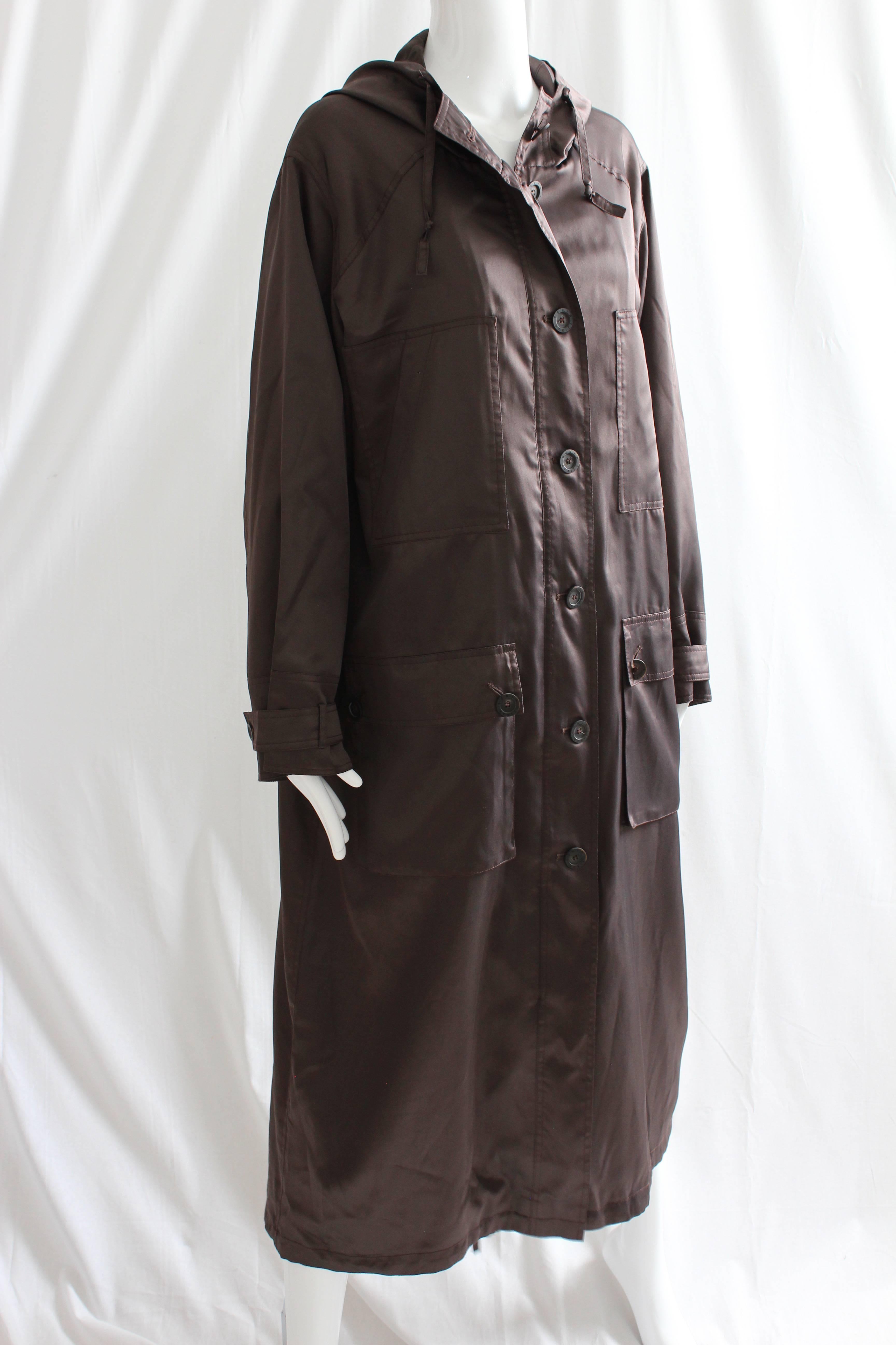 Sonia Rykiel Brown Satin Trench Coat with Hood, 1990s  2