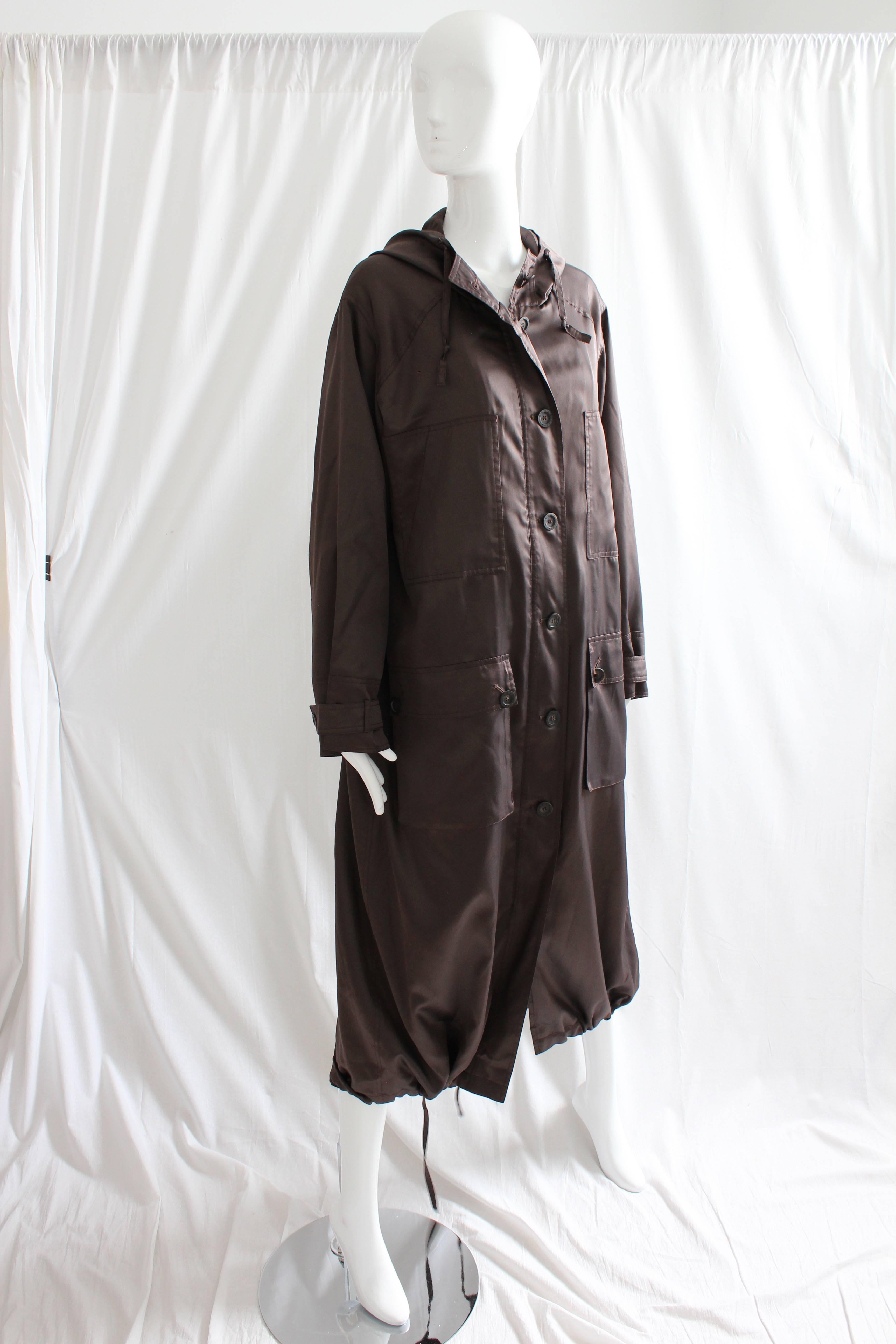 Sonia Rykiel Brown Satin Trench Coat with Hood, 1990s  1