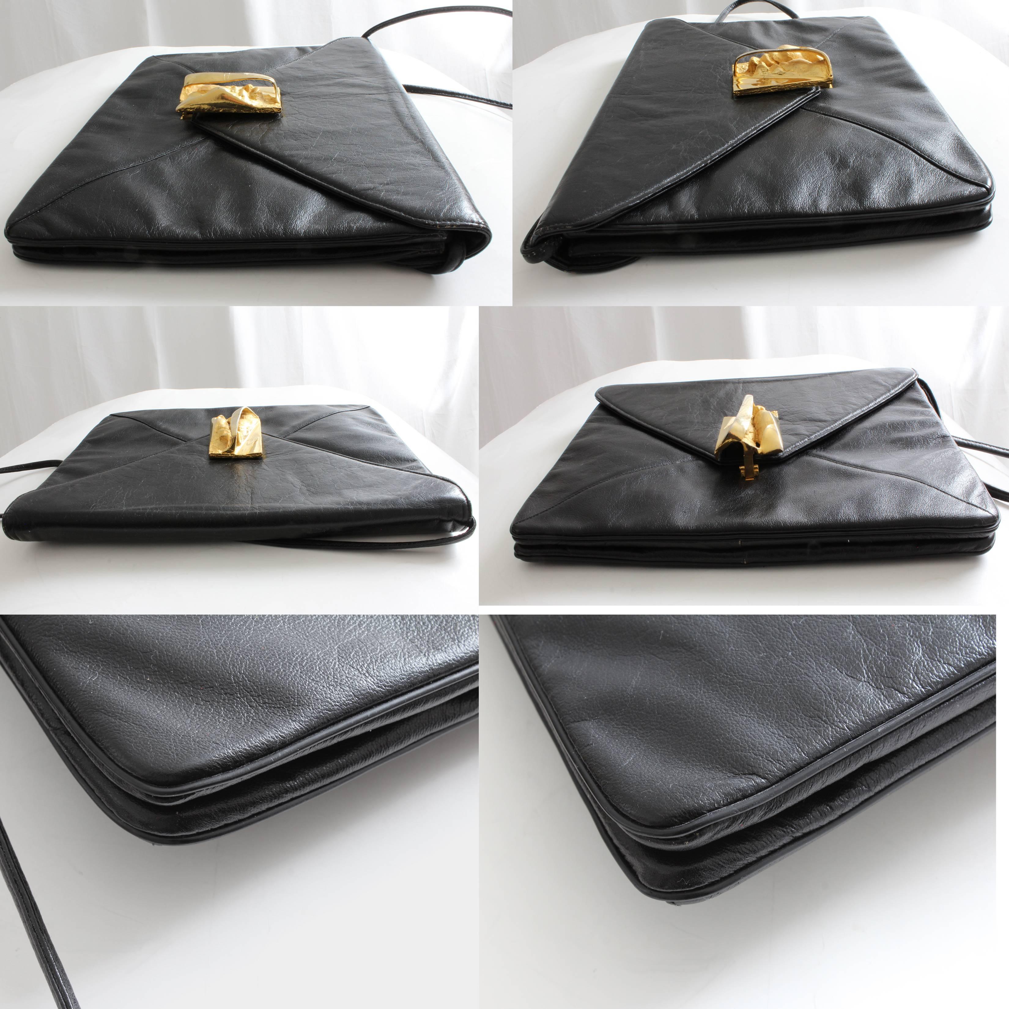 Rosenfeld Black Leather Envelope Clutch/Shoulder Bag with Abstract Clasp, 1960s 7
