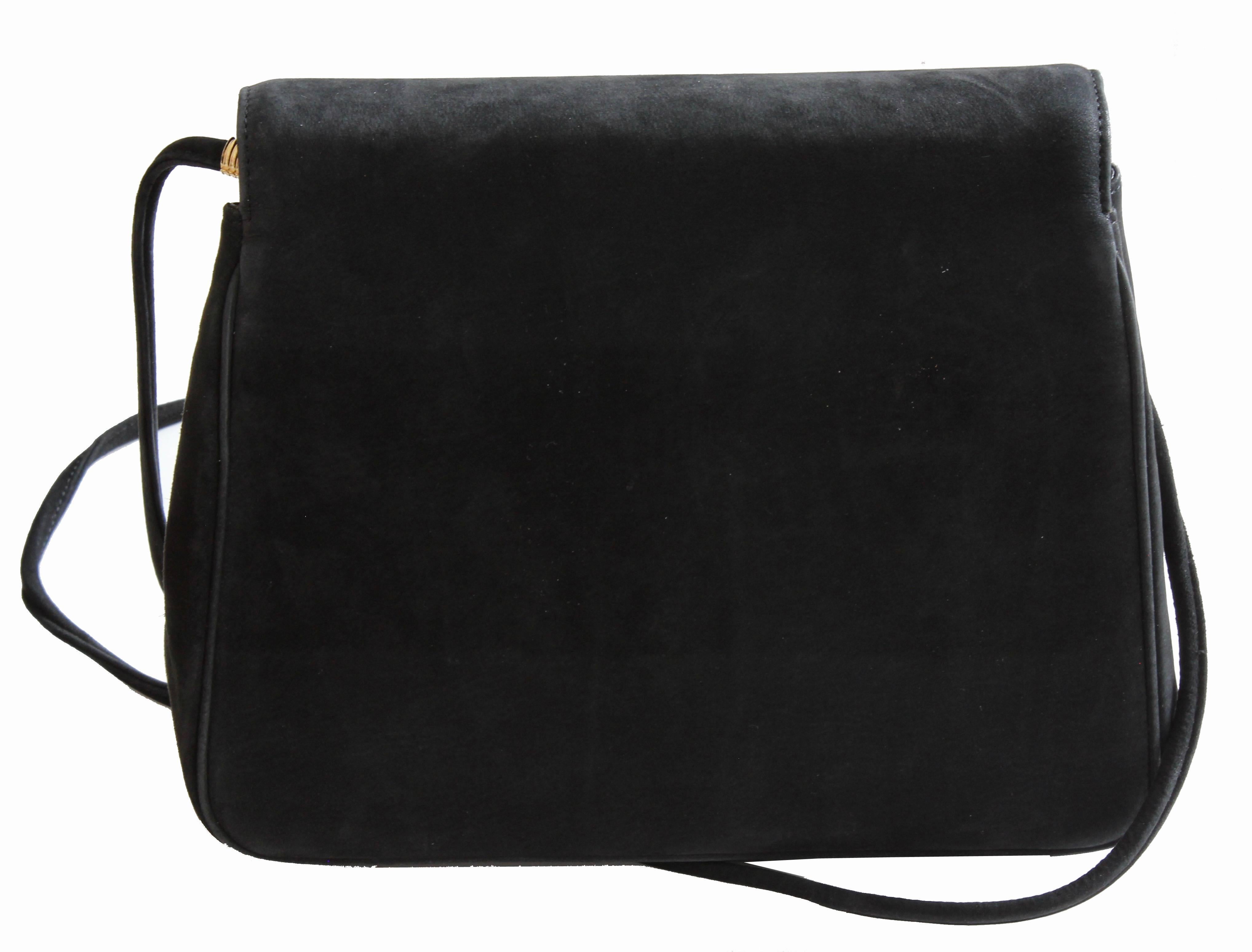 Women's Vintage Asprey London Shoulder Bag Convertible Clutch Black Suede Leather 70s