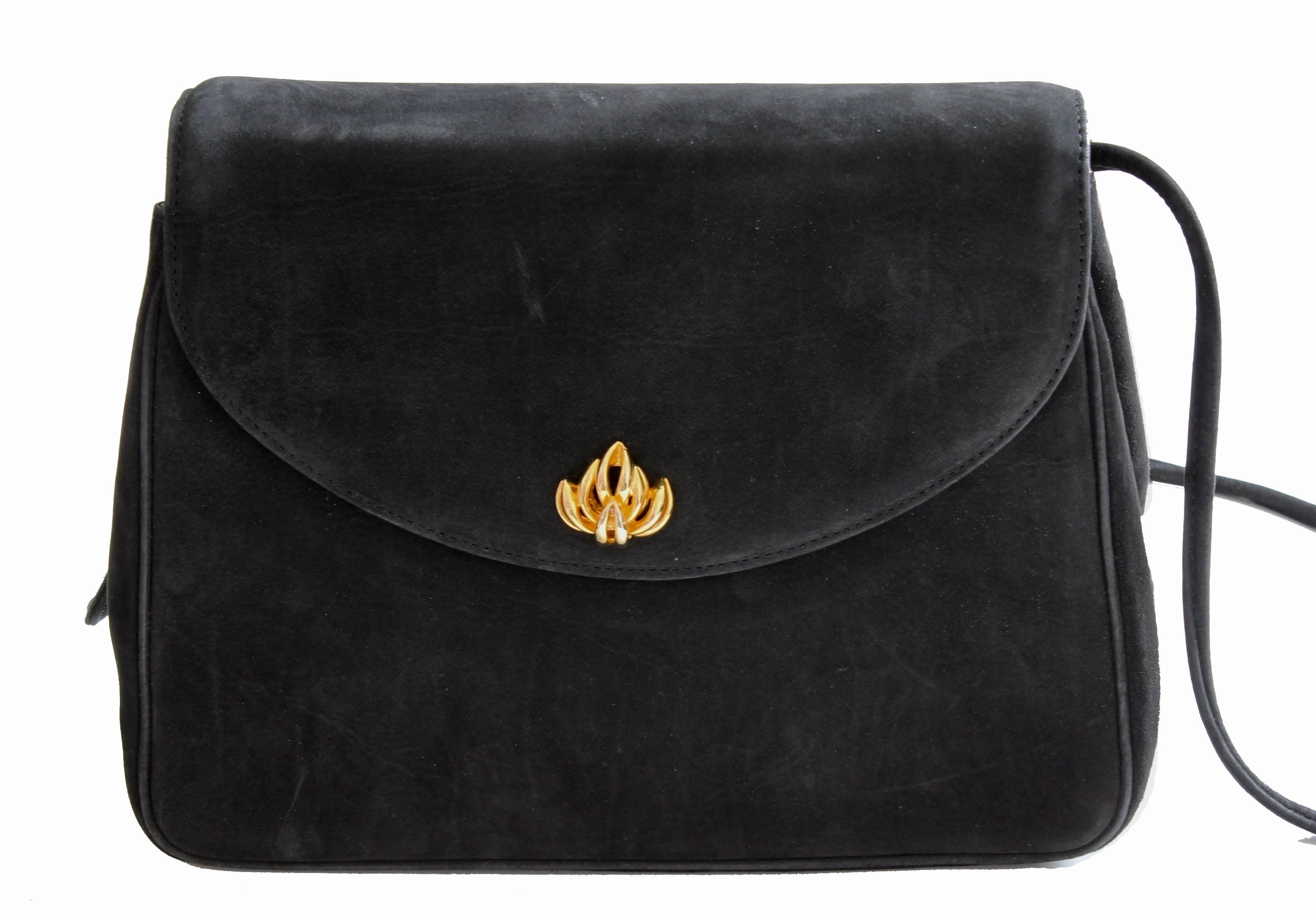 Vintage Asprey London Shoulder Bag Convertible Clutch Black Suede Leather 70s 1