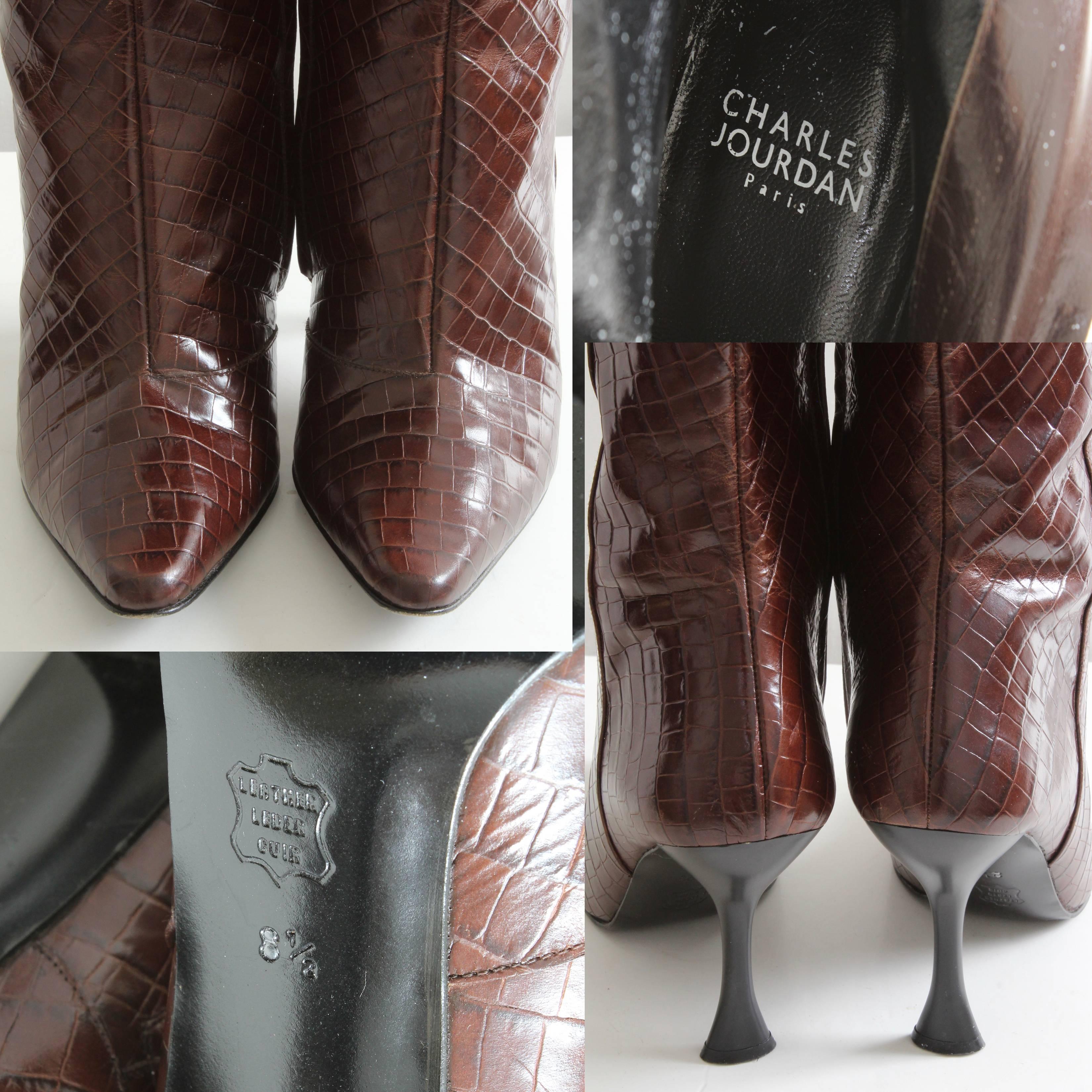 Charles Jourdan Croc Embossed Glossy Leather Boots Knee High Size 8.5M 2