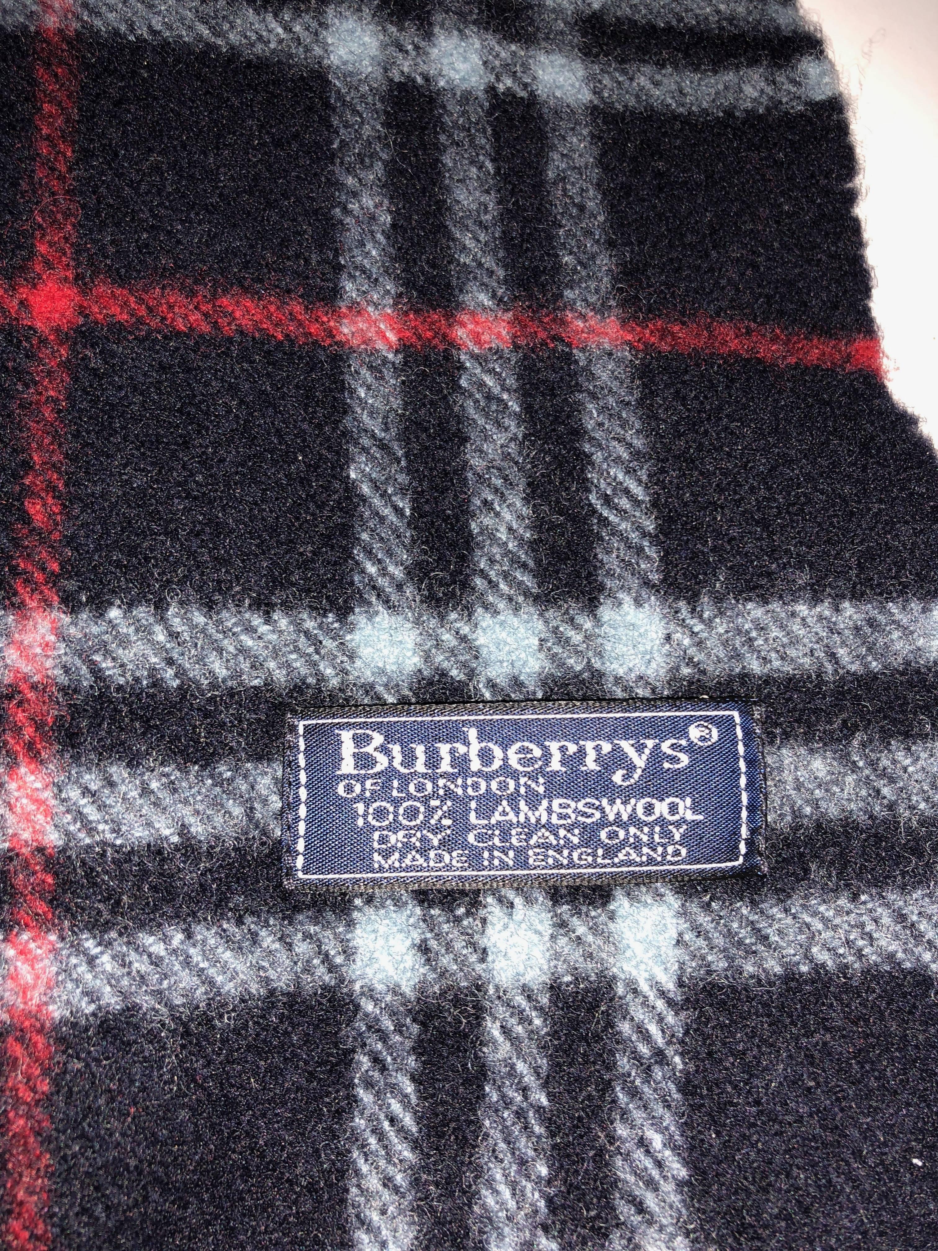 Burberrys London Lambswool Scarf Blue Red White Plaid Check with Fringe 1