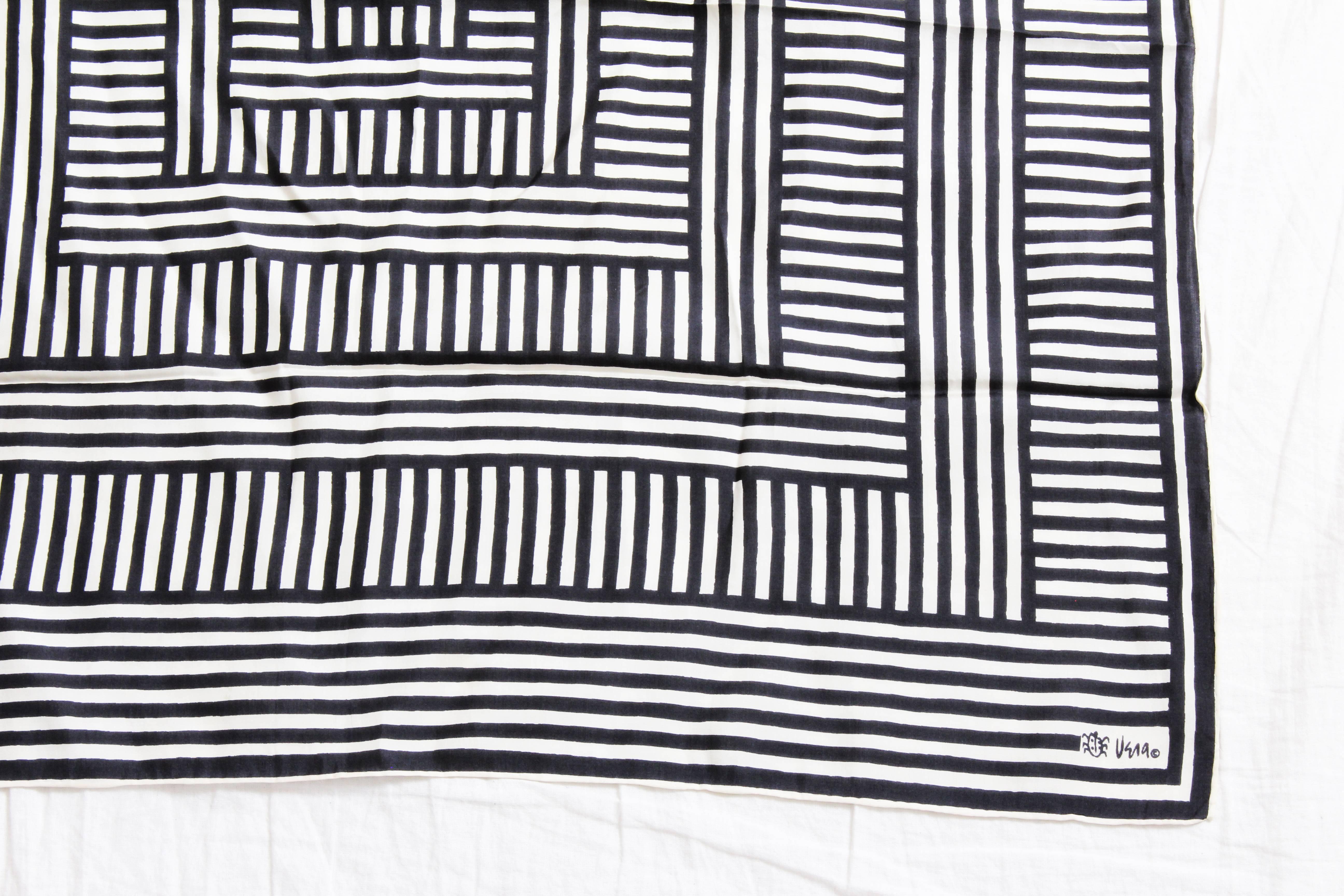 Vera Neumann Silk Scarf Shawl Black & White Op Art Abstract Print 31in 1970s 3