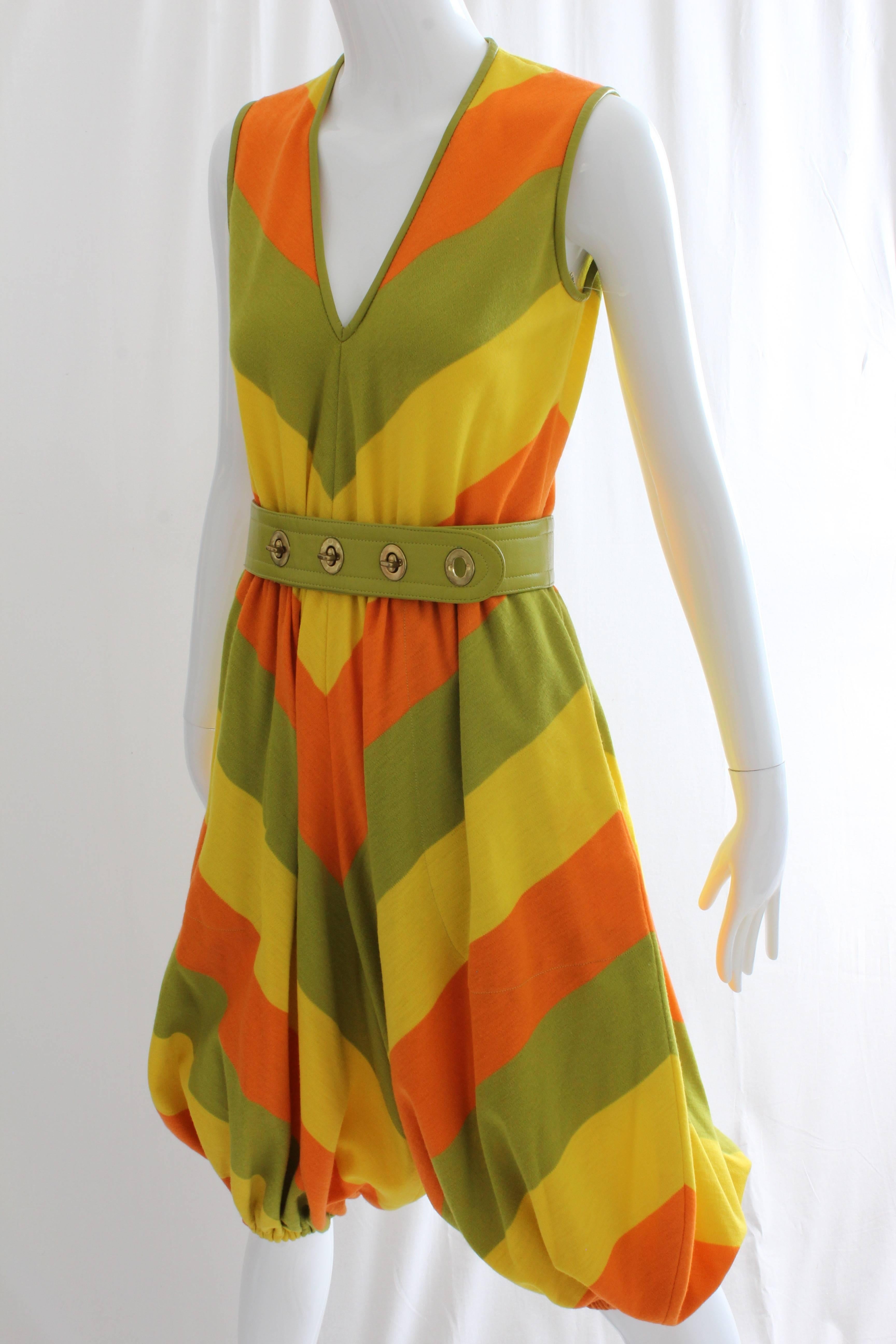 Bonnie Cashin Lemon Lime Chevron Jumpsuit with Leather Turn Lock Belt 2pc Set M 2