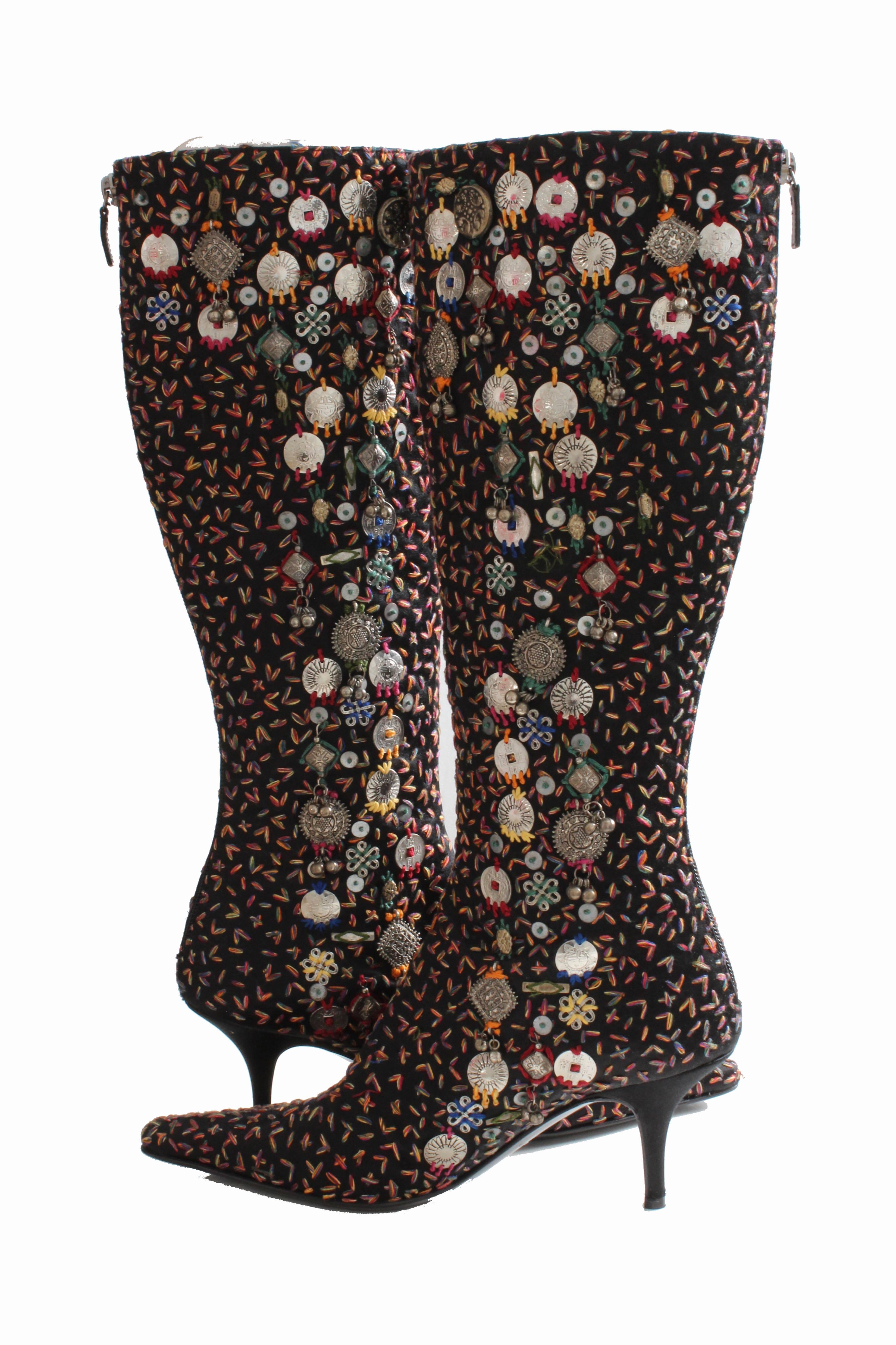 Oscar de la Renta Embellished Knee High Boots Black with Embroidery Italy 2