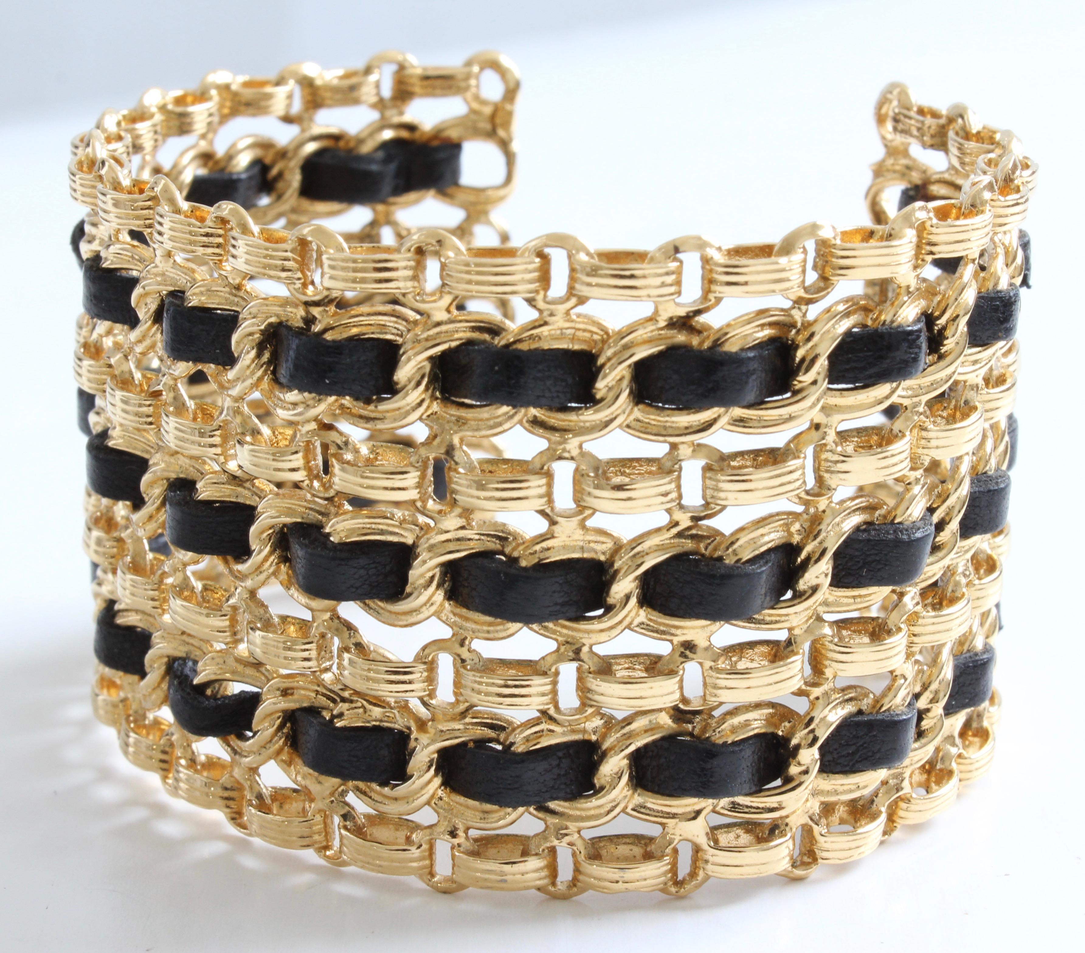 Chanel Vintage Gold Chain and Black Leather Wide Cuff Bracelet  1