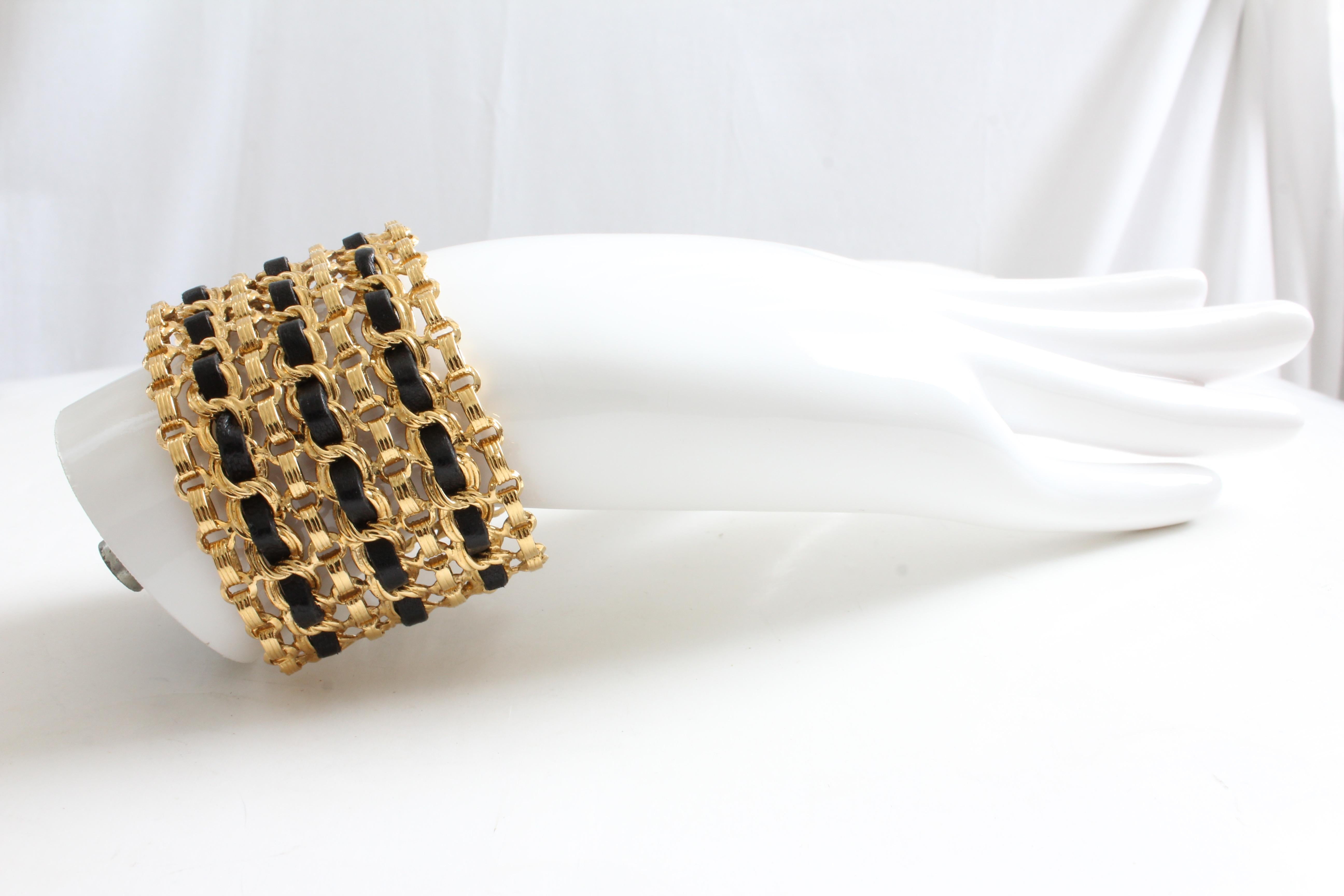 Chanel Vintage Gold Chain and Black Leather Wide Cuff Bracelet  5