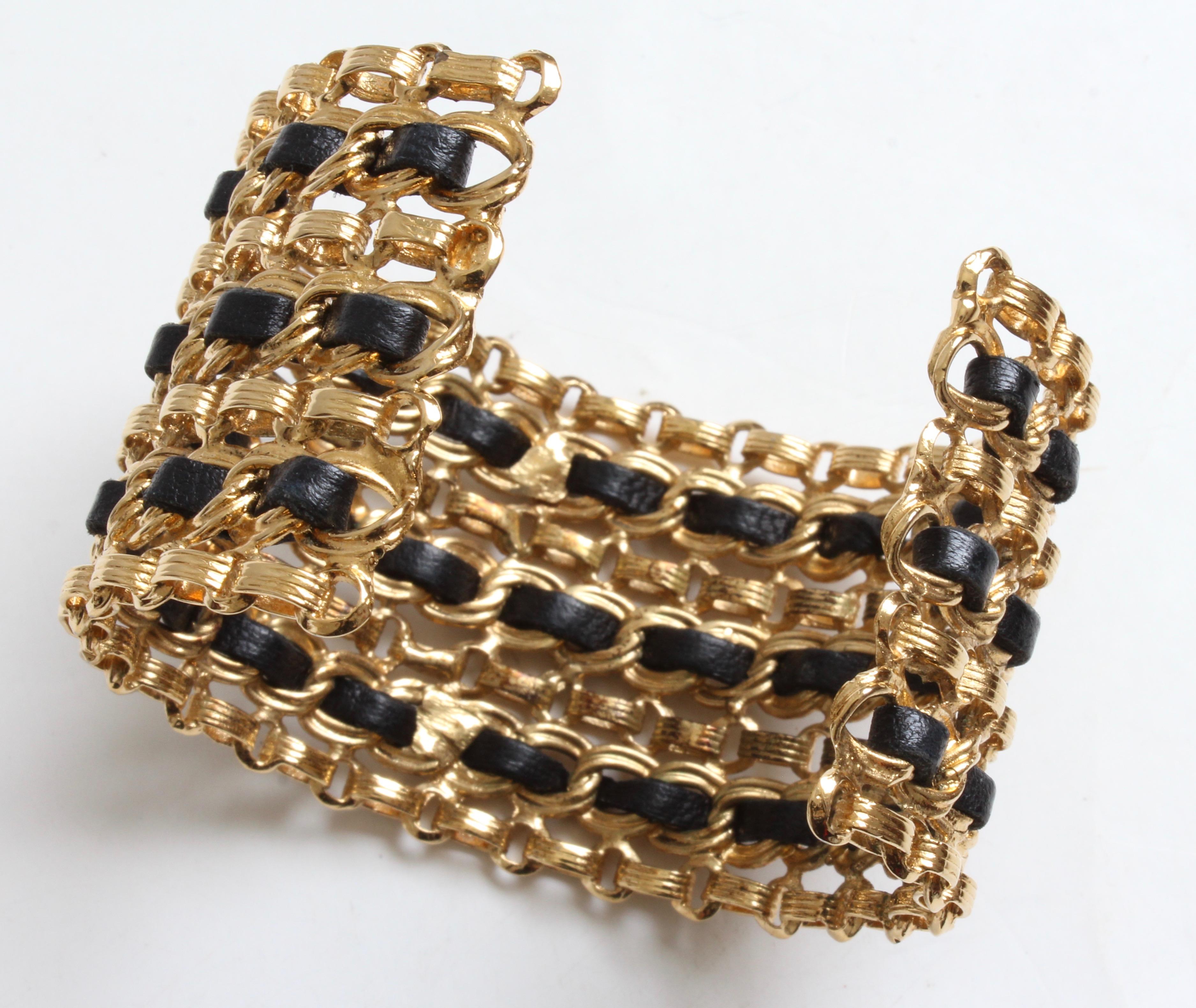 Chanel Vintage Gold Chain and Black Leather Wide Cuff Bracelet  In Good Condition In Port Saint Lucie, FL