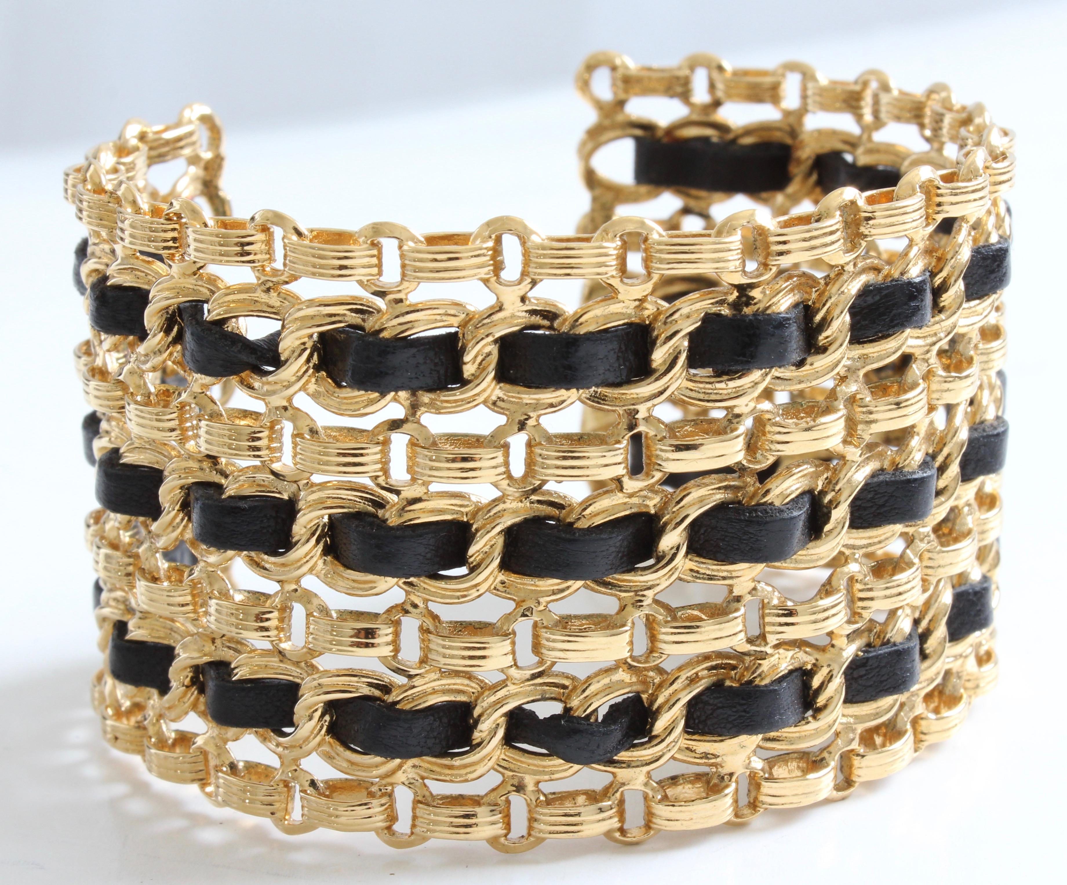 Chanel Vintage Gold Chain and Black Leather Wide Cuff Bracelet  4