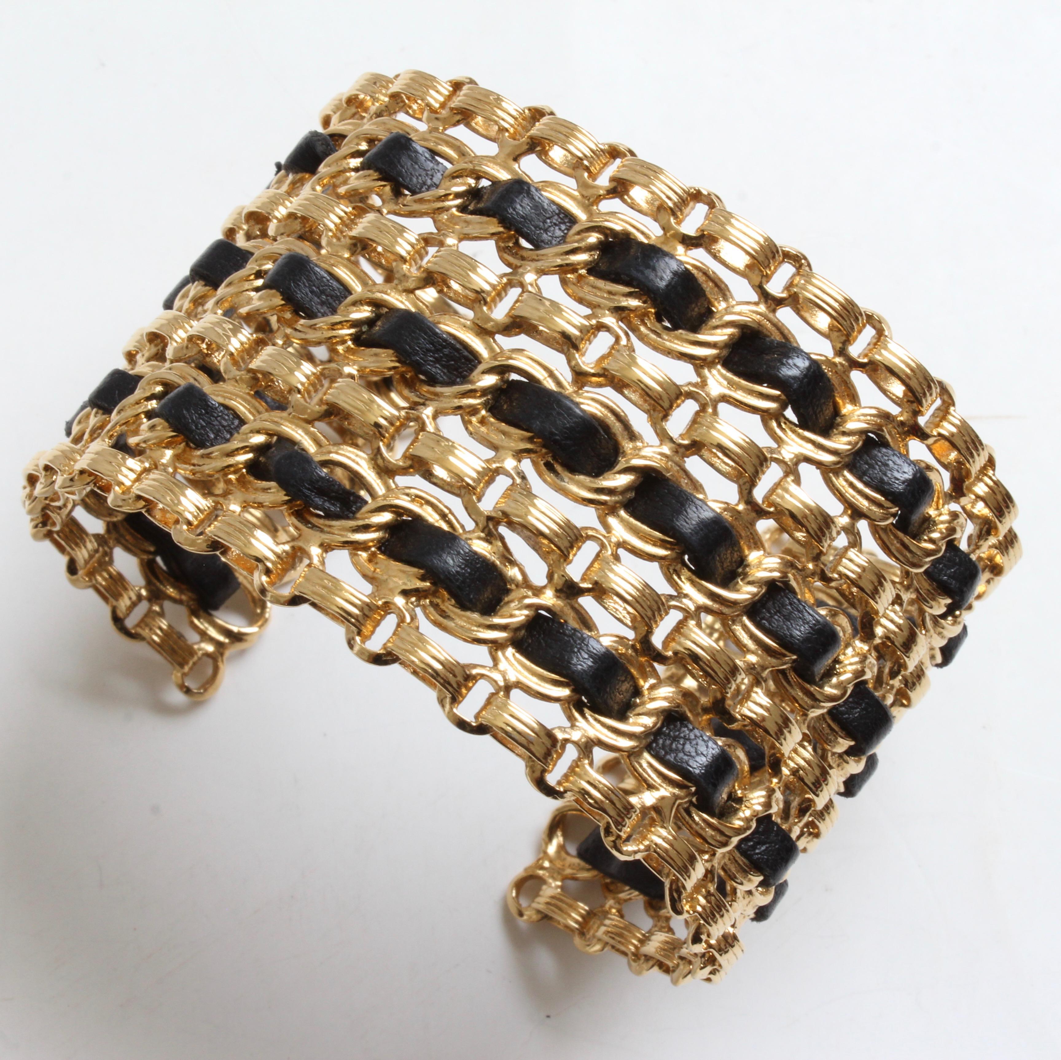 Baroque Revival Chanel Vintage Gold Chain and Black Leather Wide Cuff Bracelet 