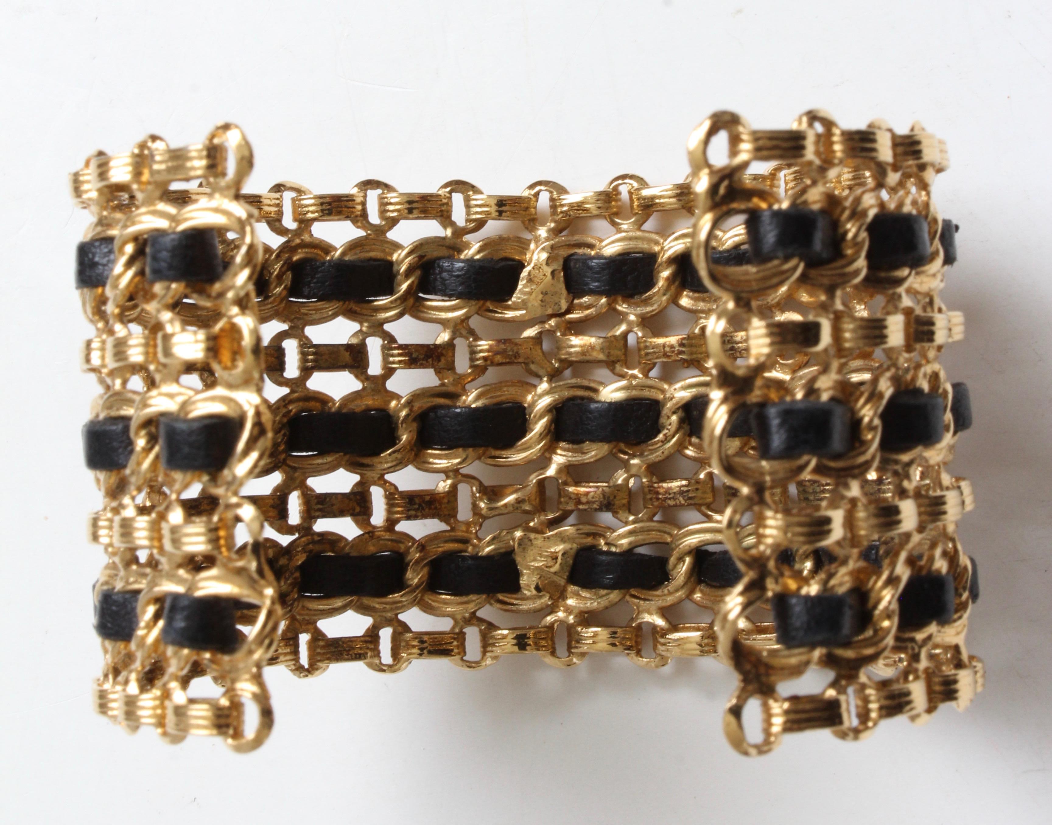 Women's Chanel Vintage Gold Chain and Black Leather Wide Cuff Bracelet 