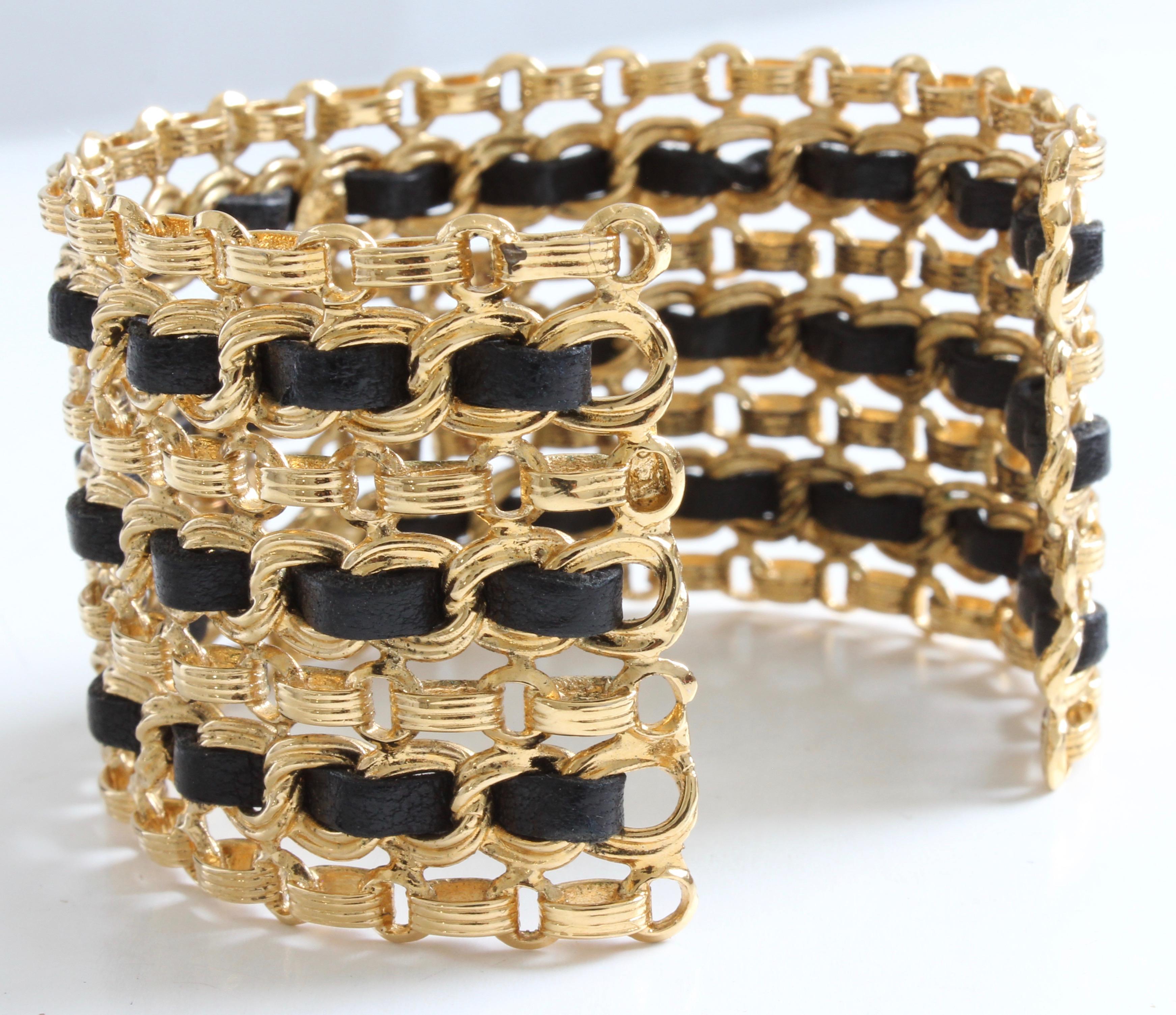 Chanel Vintage Gold Chain and Black Leather Wide Cuff Bracelet  2