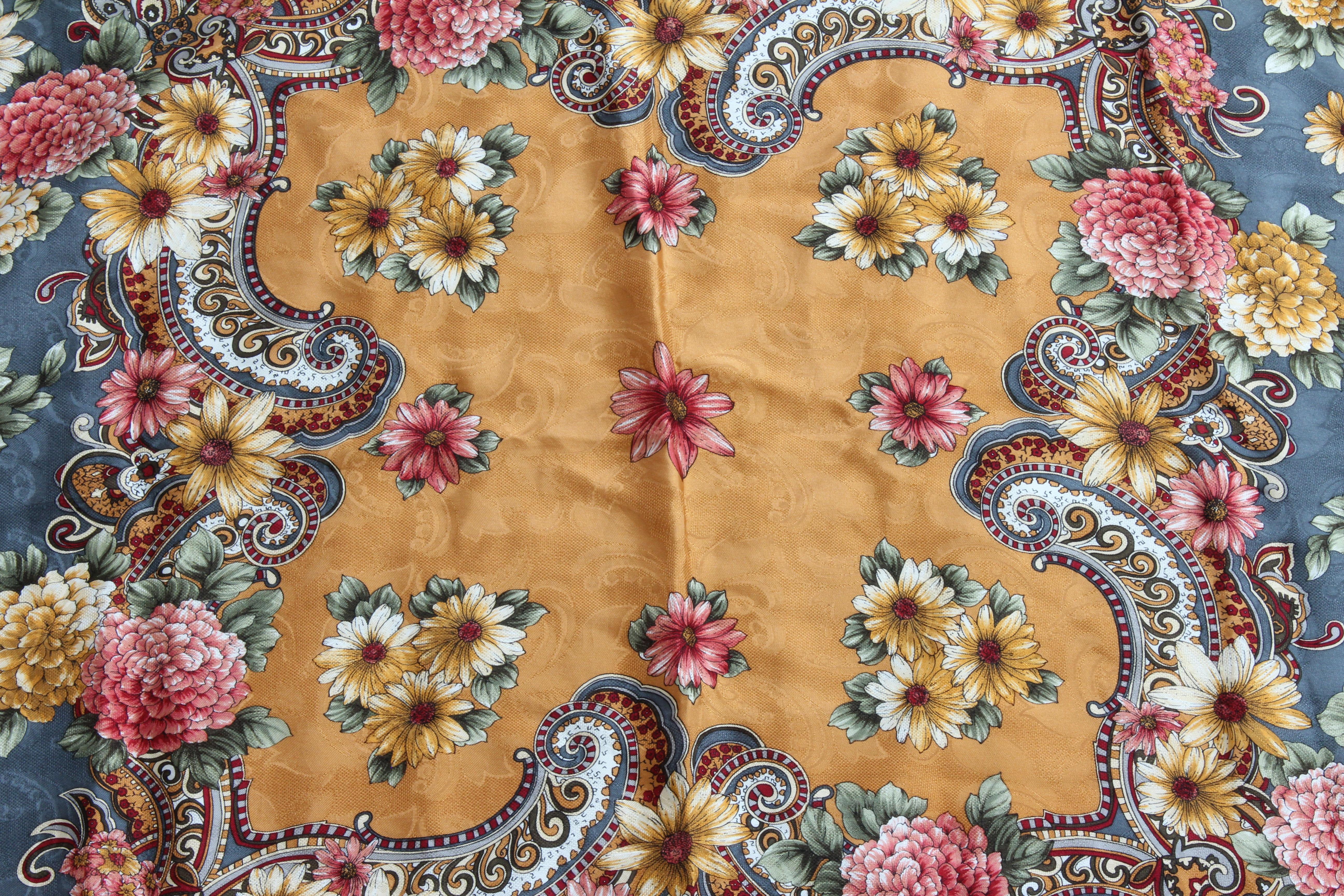Brown Rare Guy Laroche Shawl Scarf Silk Jacquard Twill Bold Florals 42in Vintage