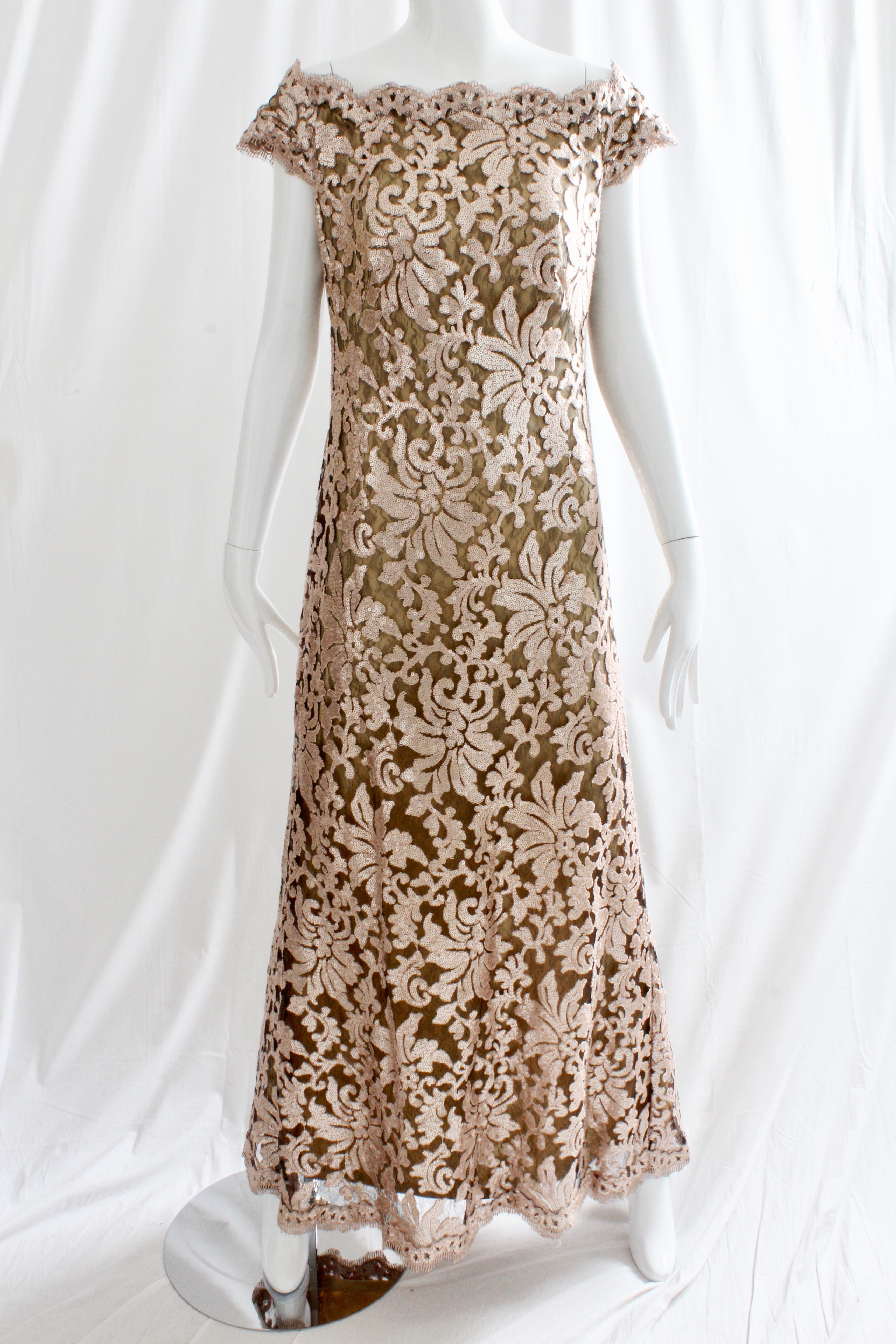 Brown Tadashi Shoji Lace Sequins Formal Evening Dress Gown Size 10 