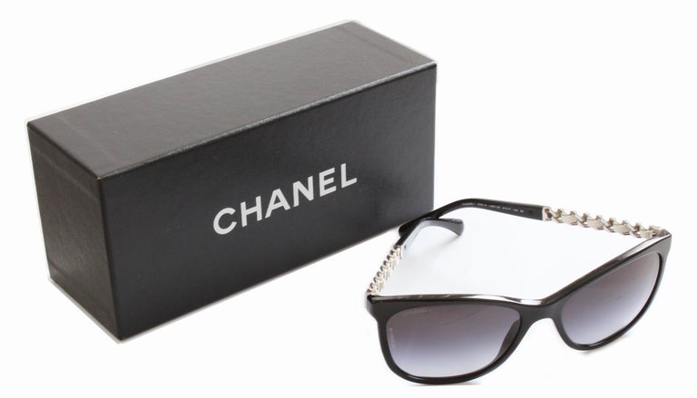Chanel Cat Eye Silver Chain White Leather Sunglasses with Case