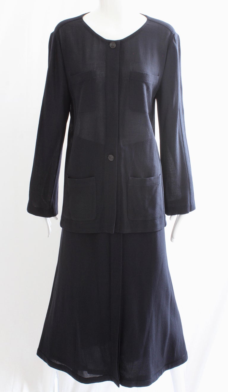 Chanel Sheer Wool Crepe Jacket and Button Front Skirt Suit 2pc Navy ...