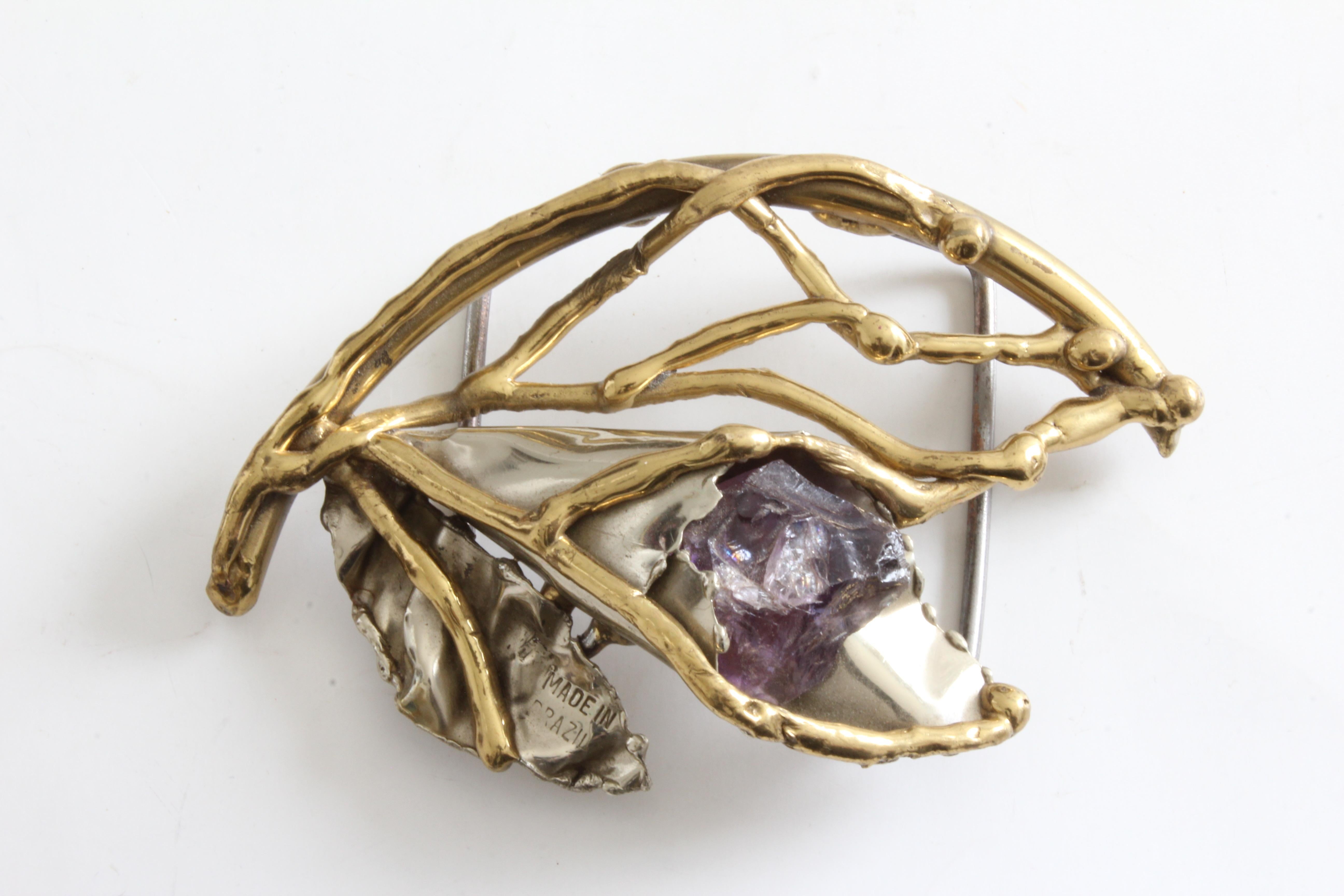 Early Copa Collection Brutalist Belt Buckle with Amethyst Rare Vintage  In Good Condition In Port Saint Lucie, FL