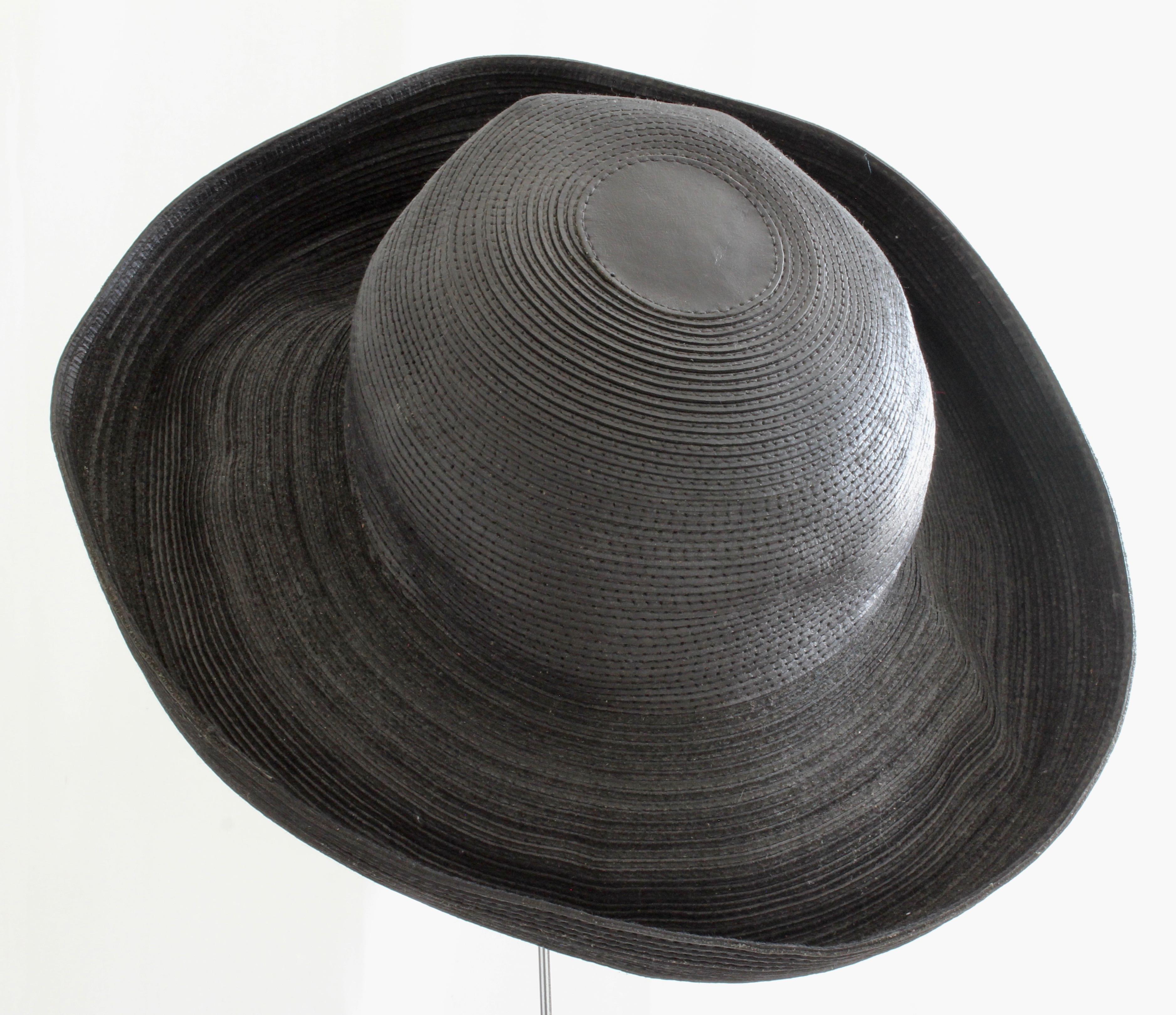 Patricia Underwood Corded Leather Hat with Wide Brim Vintage 1980s Size 6 3/4 S In Good Condition In Port Saint Lucie, FL