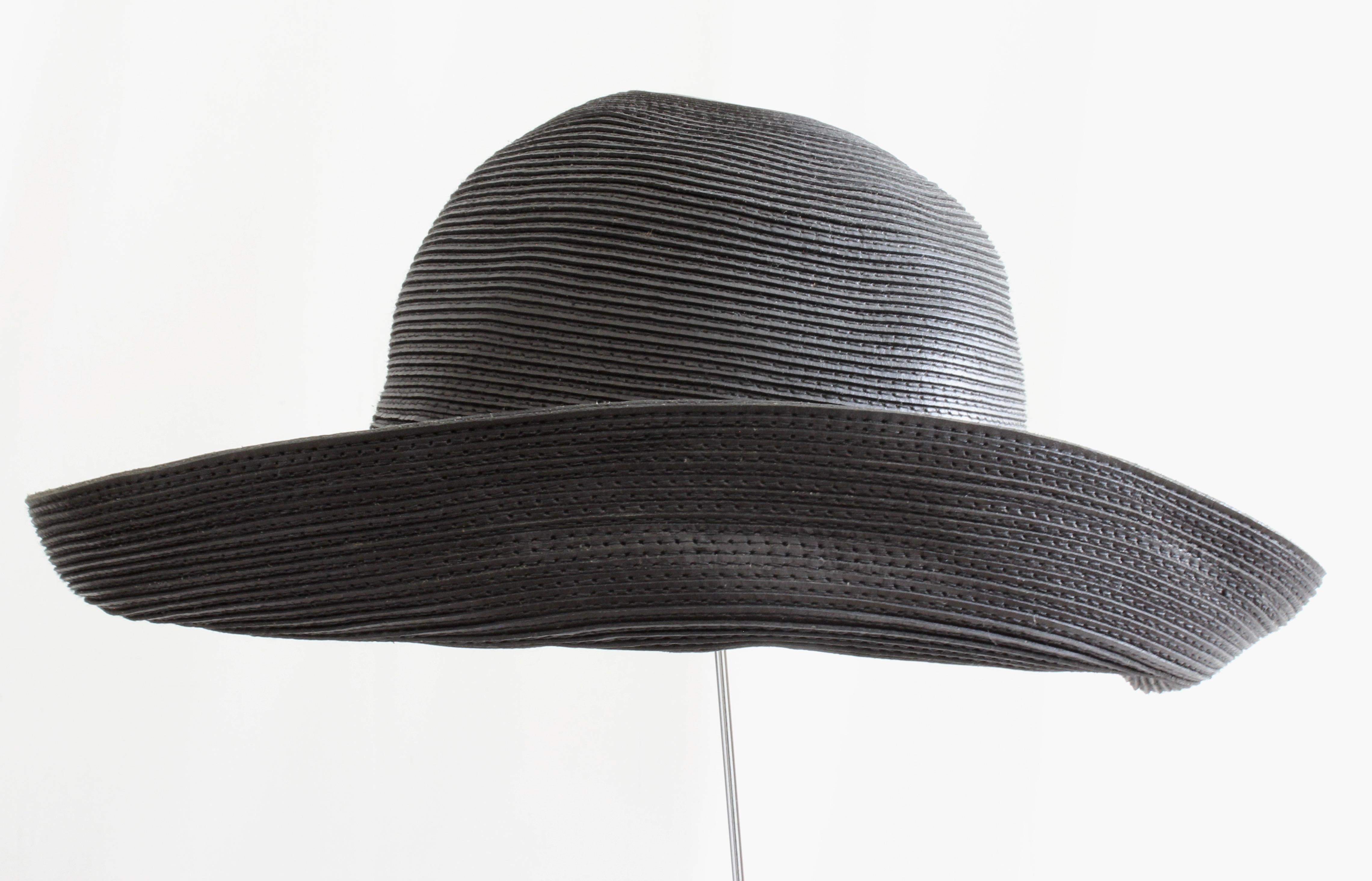 Patricia Underwood Corded Leather Hat with Wide Brim Vintage 1980s Size 6 3/4 S 1