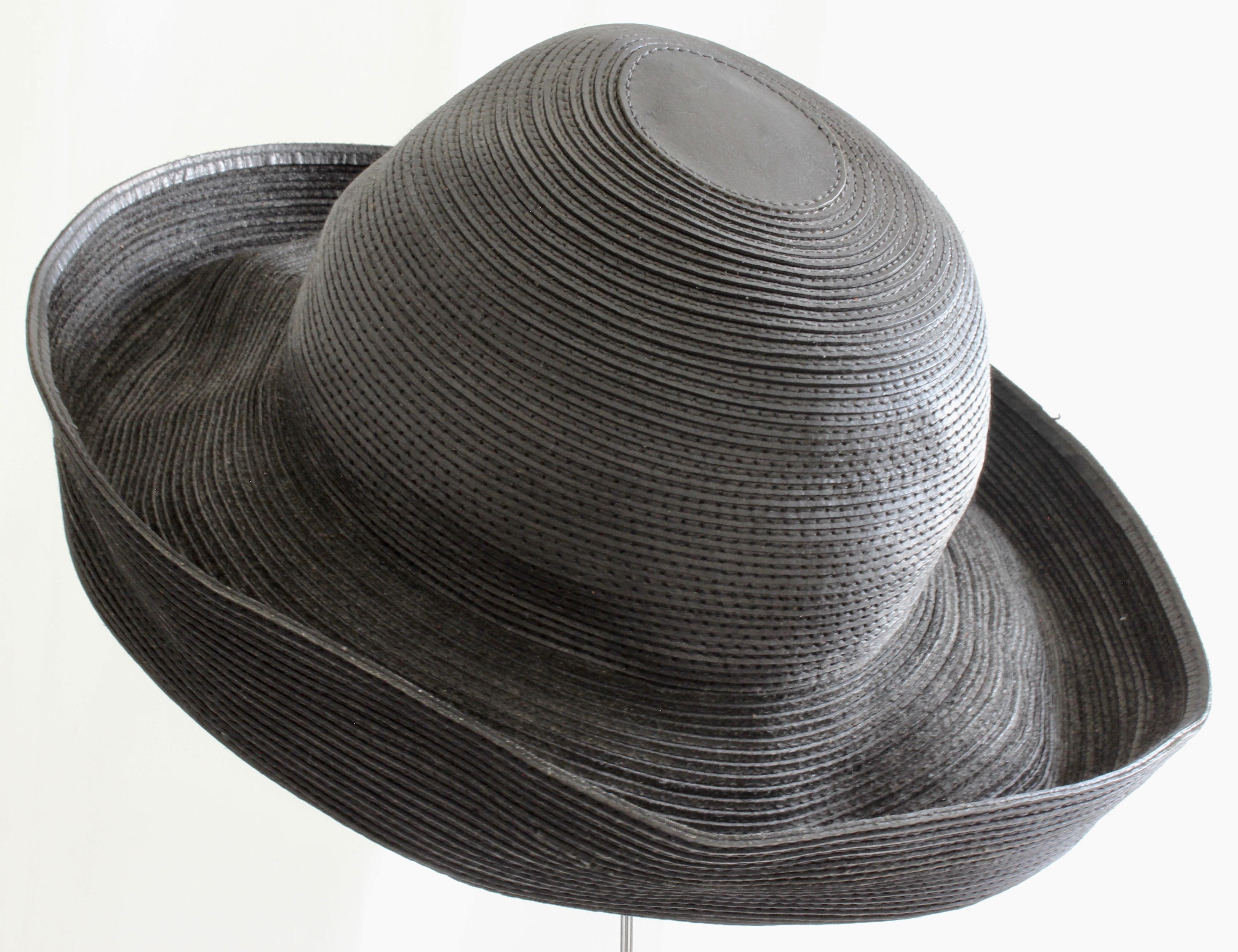 Patricia Underwood Corded Leather Hat with Wide Brim Vintage 1980s Size 6 3/4 S 2