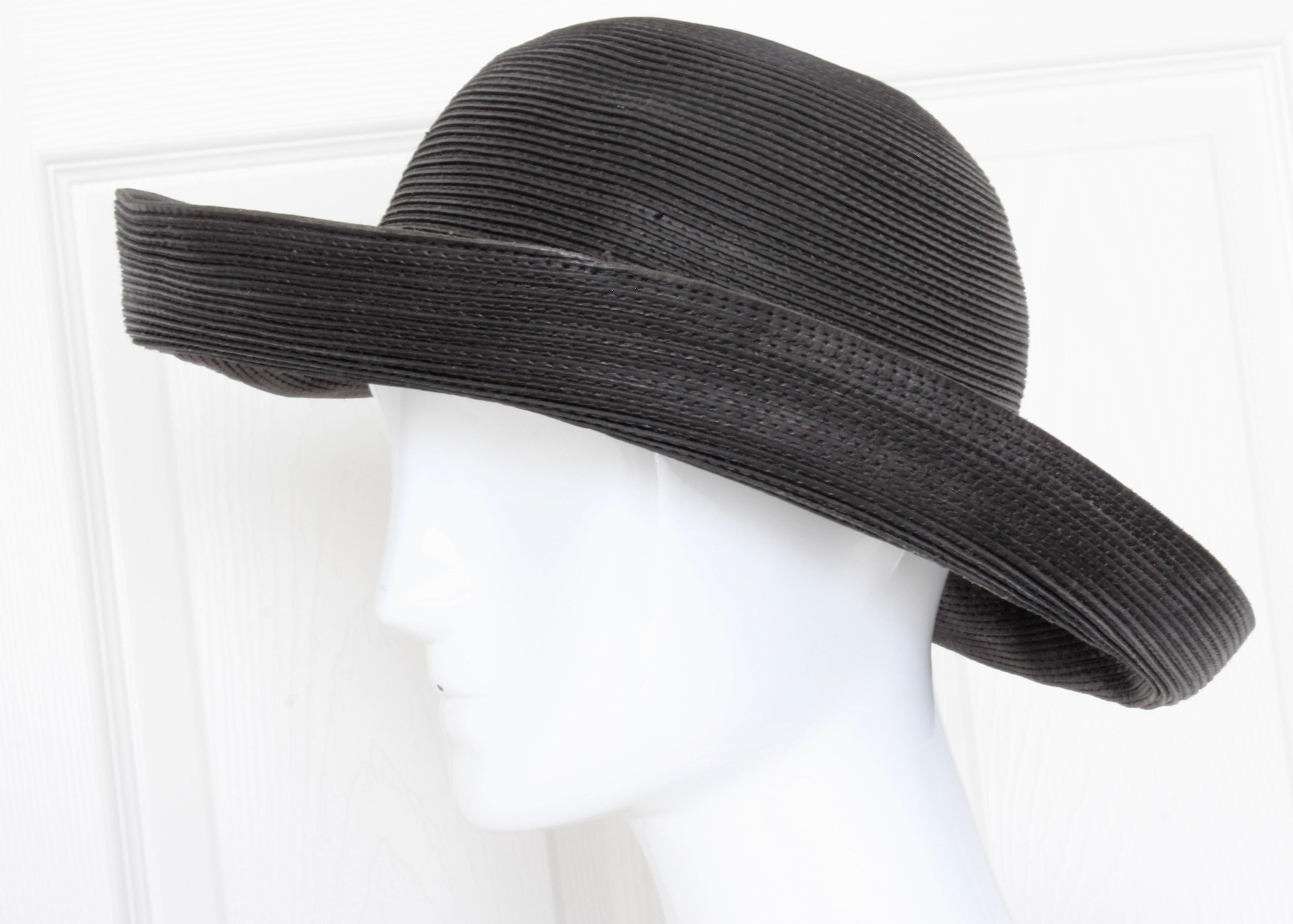 Black Patricia Underwood Corded Leather Hat with Wide Brim Vintage 1980s Size 6 3/4 S