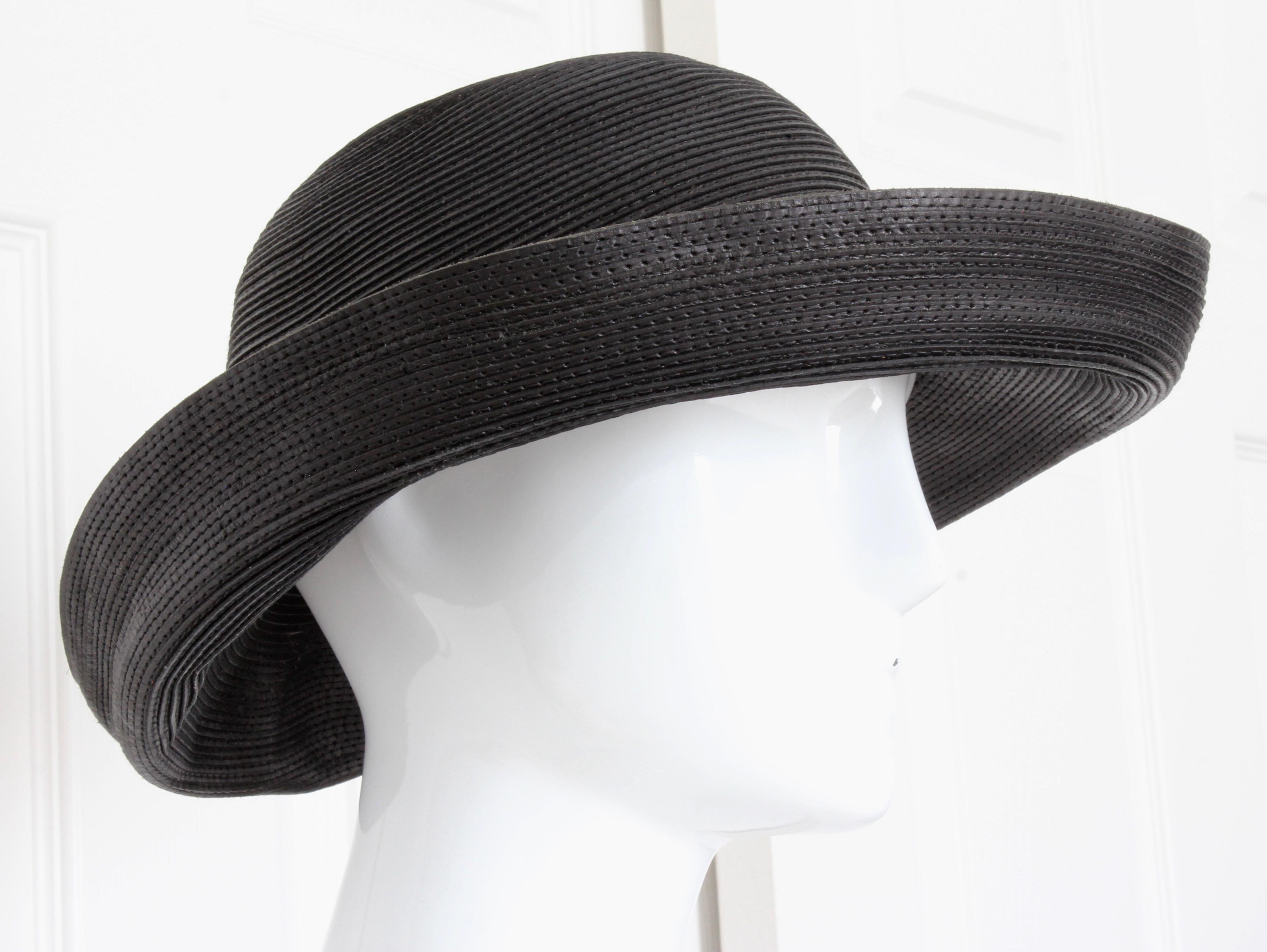 Women's Patricia Underwood Corded Leather Hat with Wide Brim Vintage 1980s Size 6 3/4 S