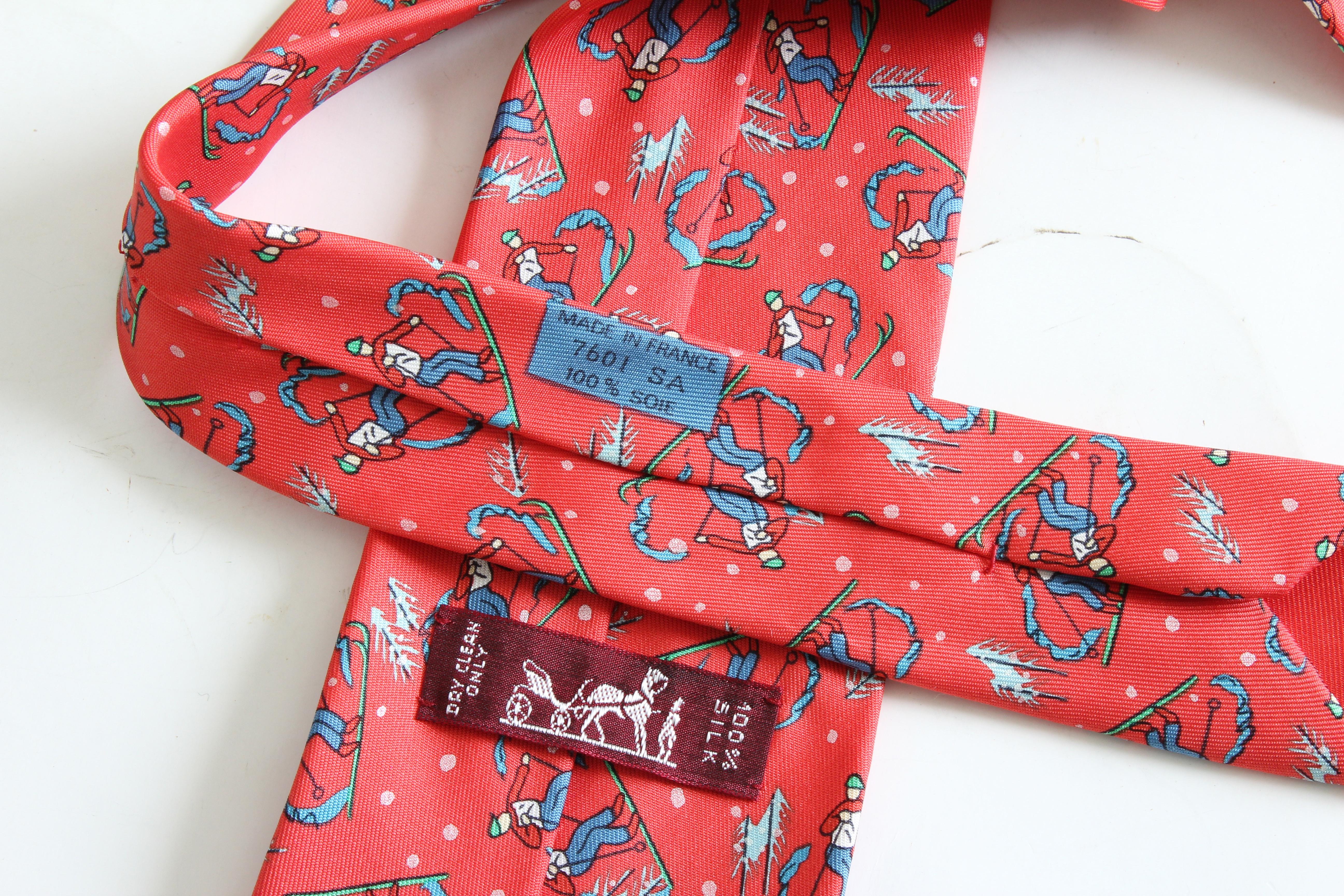 Rare Hermes Necktie Mens Downhill Skiers Red Silk Twill 7601 SA Made in France  1