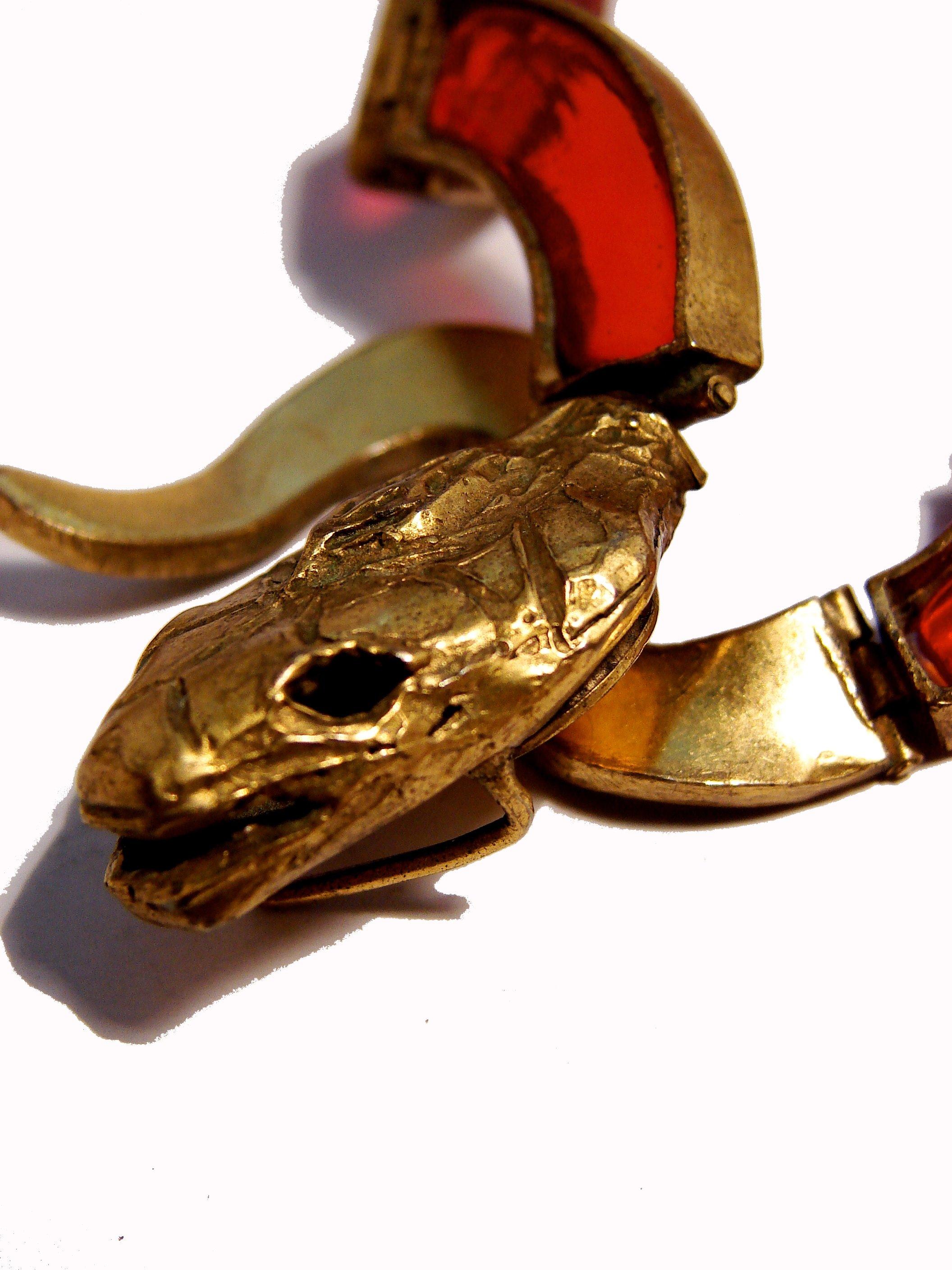 Chanel by Goossens Figural Pate de Verre Red Glass Serpent Bracelet, 1970s 1