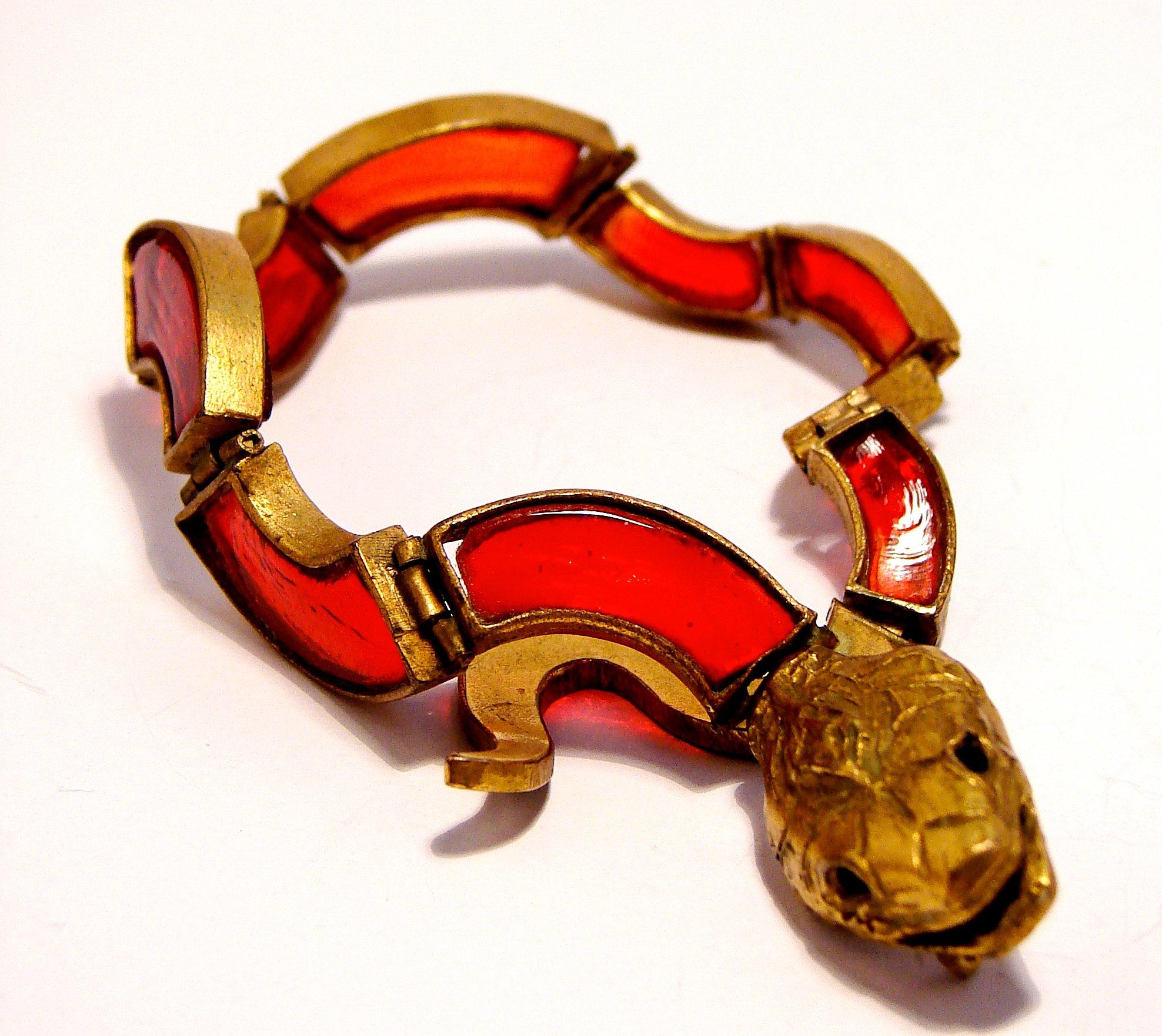 Art Nouveau Chanel by Goossens Figural Pate de Verre Red Glass Serpent Bracelet, 1970s