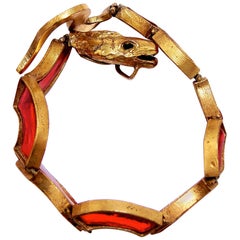 Chanel by Goossens Figural Pate de Verre Red Glass Serpent Bracelet, 1970s