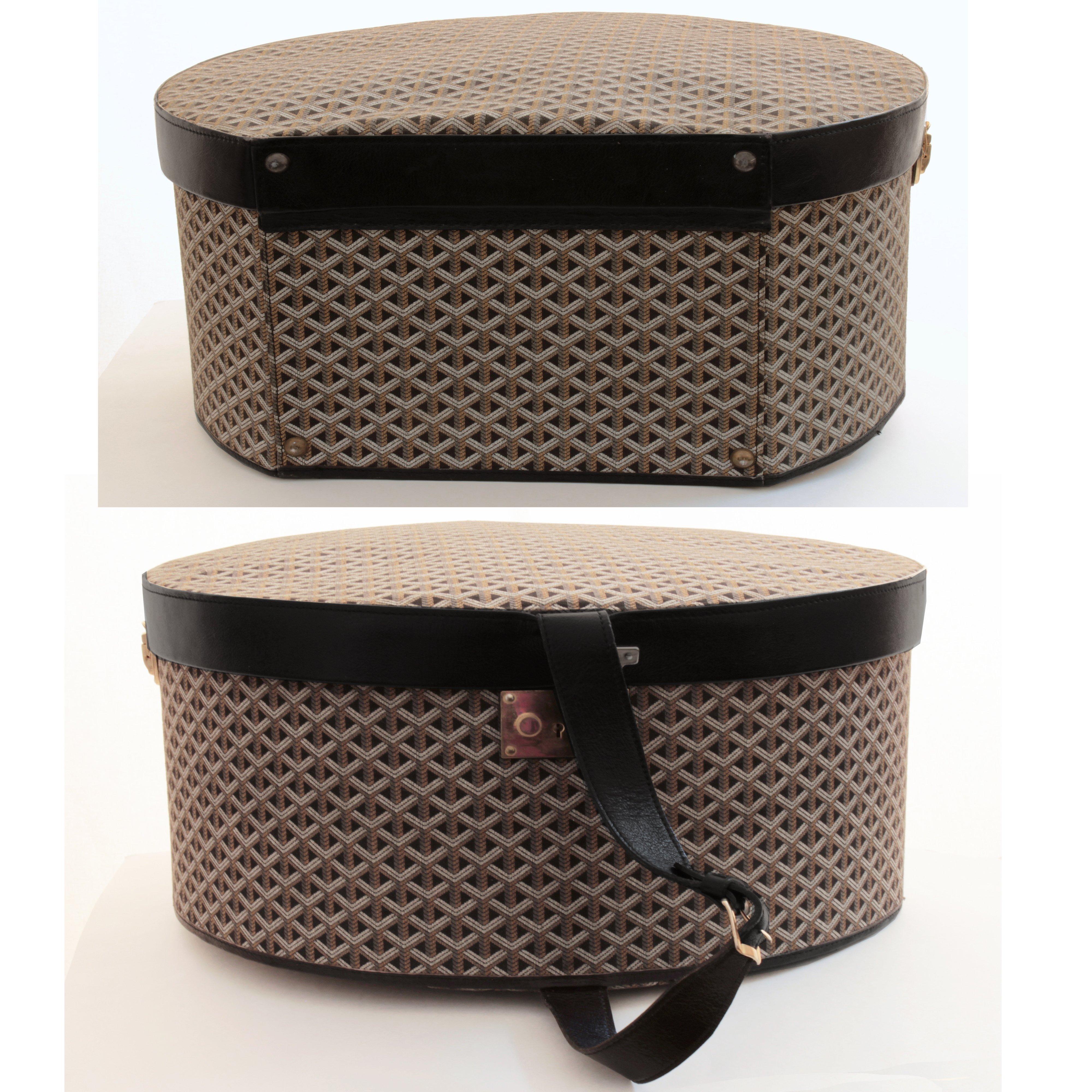 Women's or Men's Ultra Rare Goyard Round Hat Box Travel Trunk Goyardine & Black Leather Trim 53cm