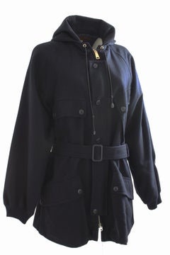 70s Yves Saint Laurent Navy Wool Belted Coat with Hood YSL sz 40