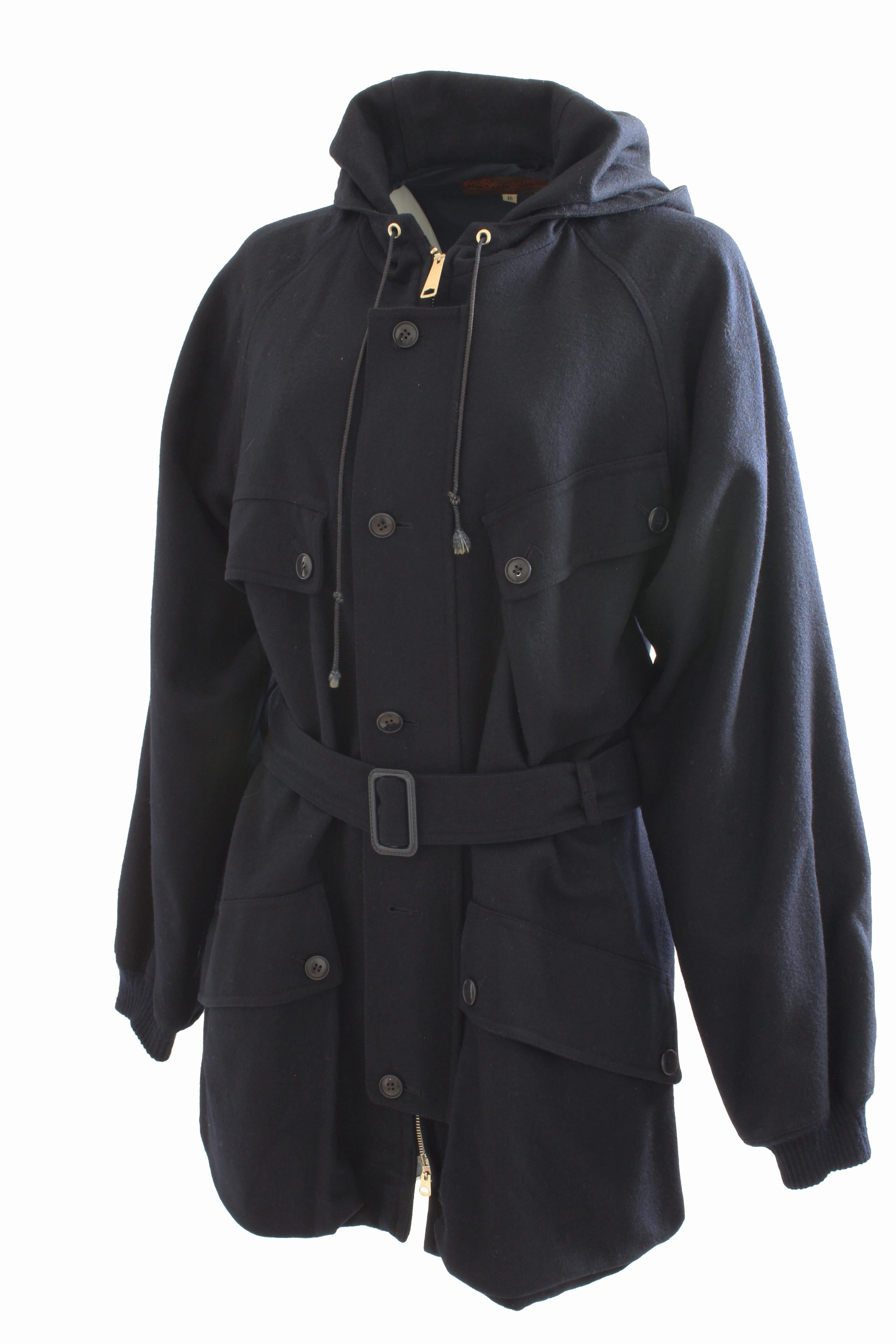 Black 70s Yves Saint Laurent Navy Wool Belted Coat with Hood YSL sz 40