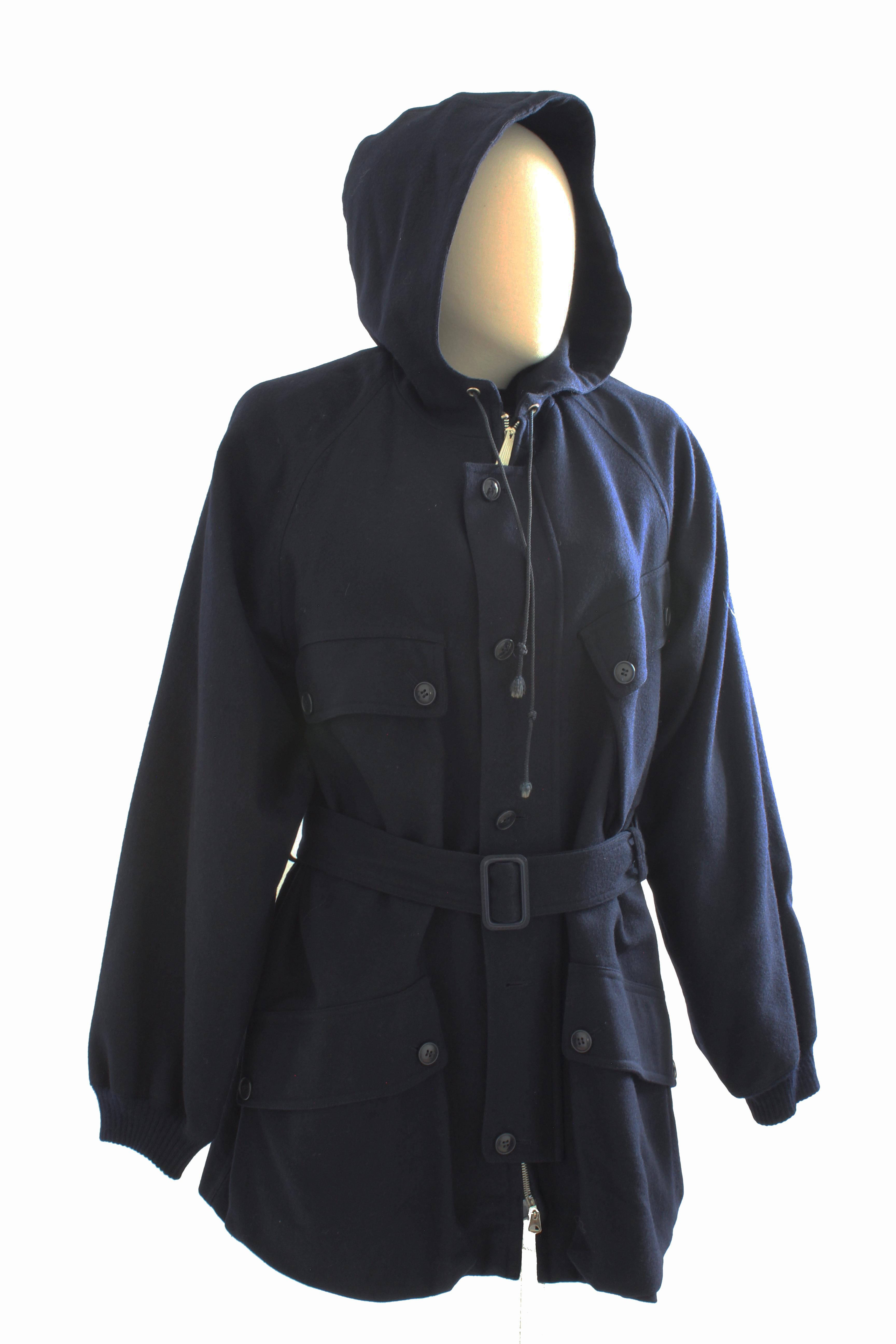 70s Yves Saint Laurent Navy Wool Belted Coat with Hood YSL sz 40 In Good Condition In Port Saint Lucie, FL