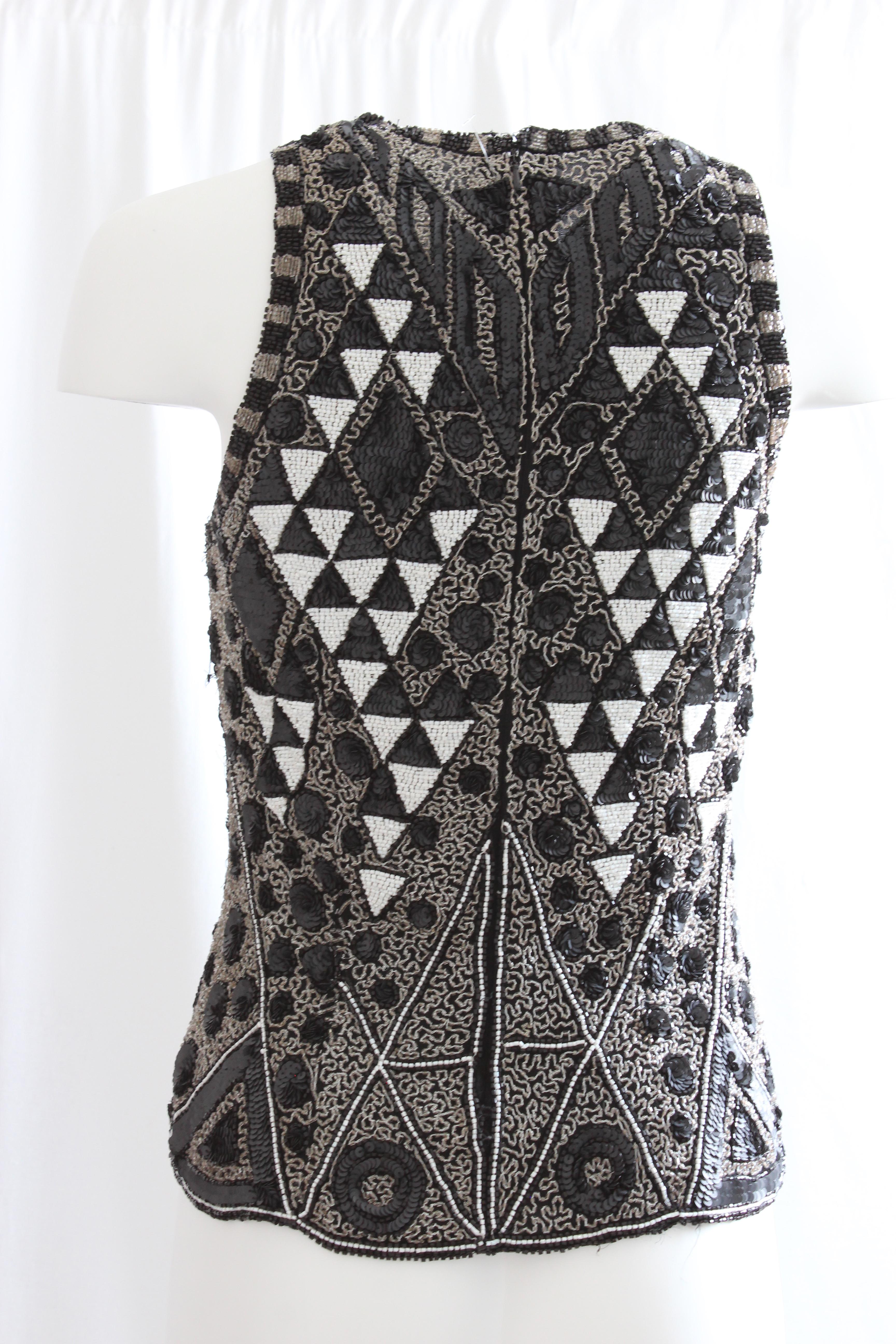 Naeem Khan Riazee Embellished Blouse Black & White Beads Sequins Formal Sz S  In Good Condition In Port Saint Lucie, FL