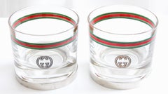 Rare Gucci Cocktail Glasses with Silver Base GG Logo Webbing 2pc Set Barware 70s