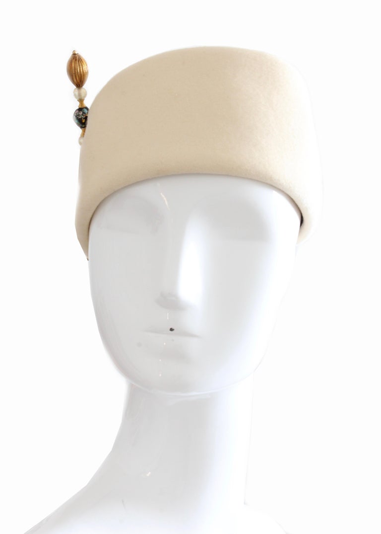 Halston Vintage Wool Pillbox Hat with Beaded Stick Pin, 1960s at