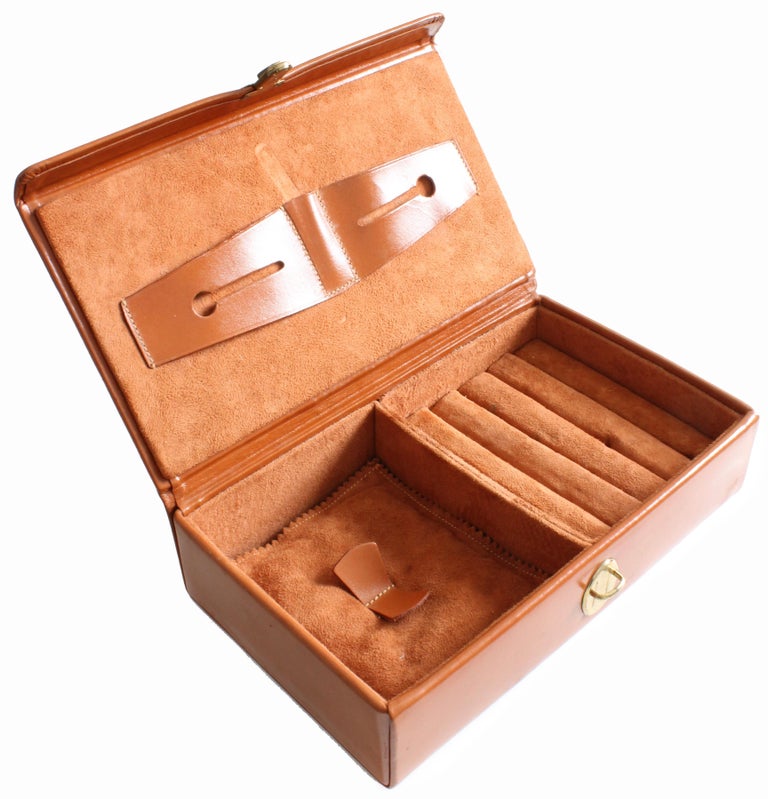 Saddle Leather Jewelry Box Dresser Valet Travel Case with Lock and Key