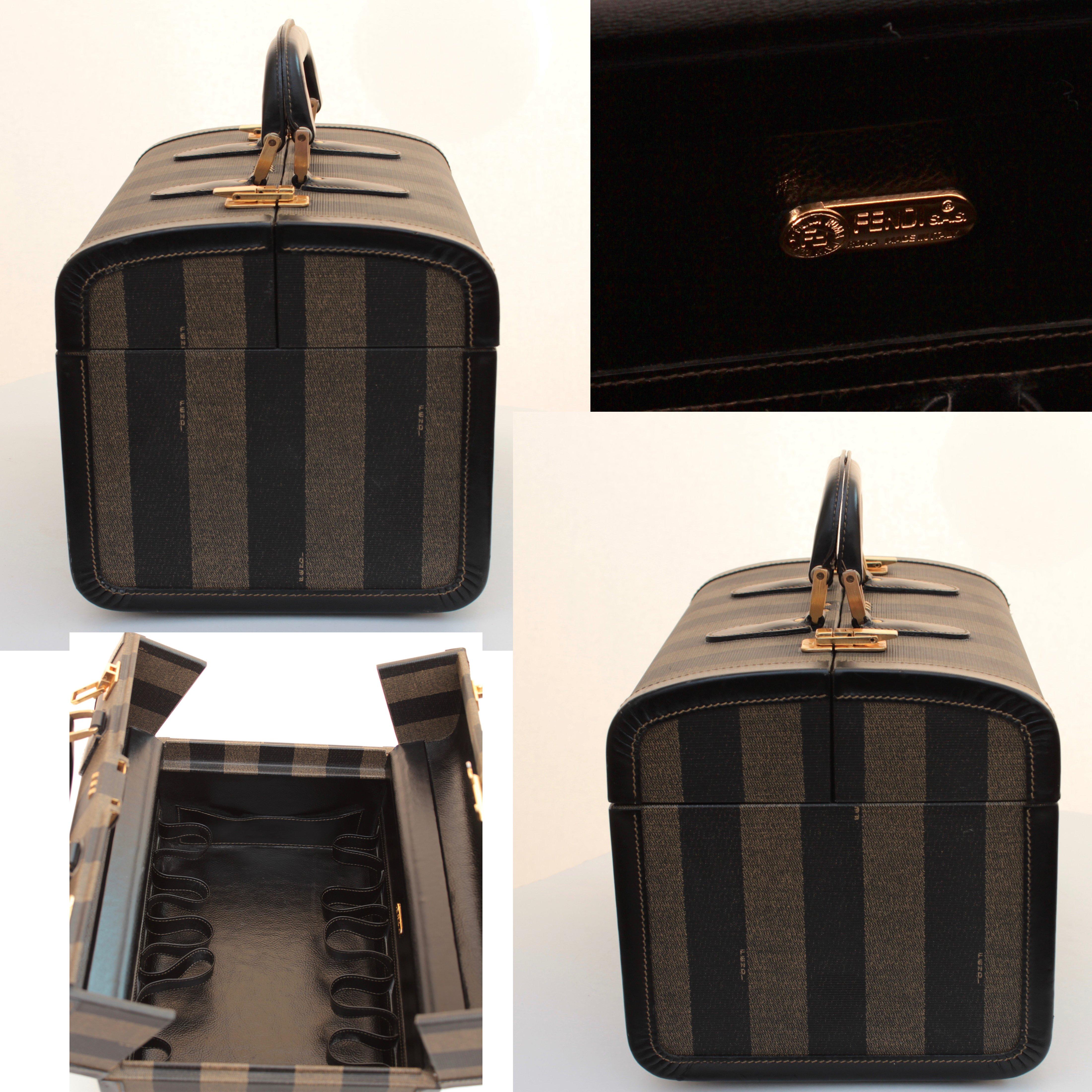 Fendi Vintage Train Case Carry On Bag Pequin Stripe Canvas Leather Travel  2