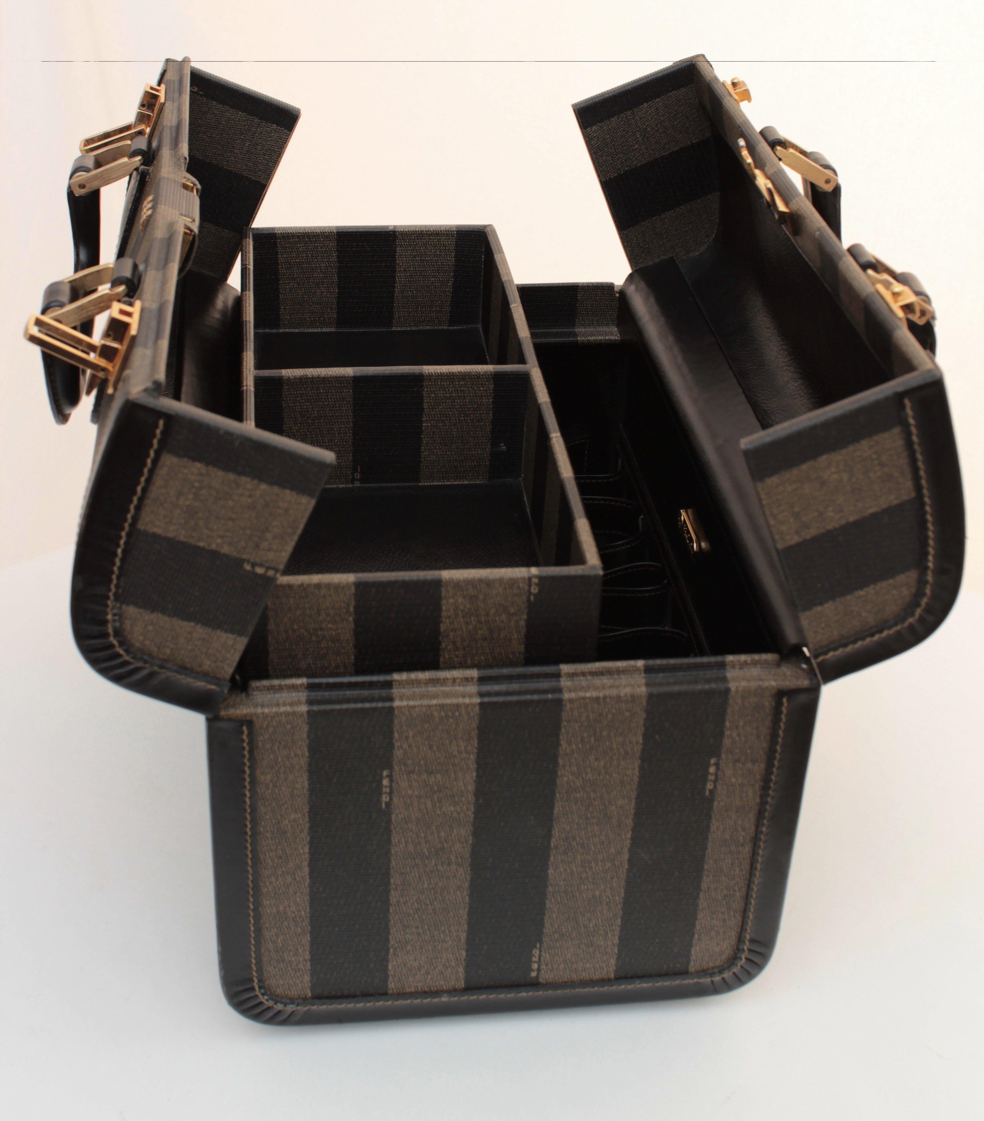 Fendi Vintage Train Case Carry On Bag Pequin Stripe Canvas Leather Travel In Good Condition In Port Saint Lucie, FL
