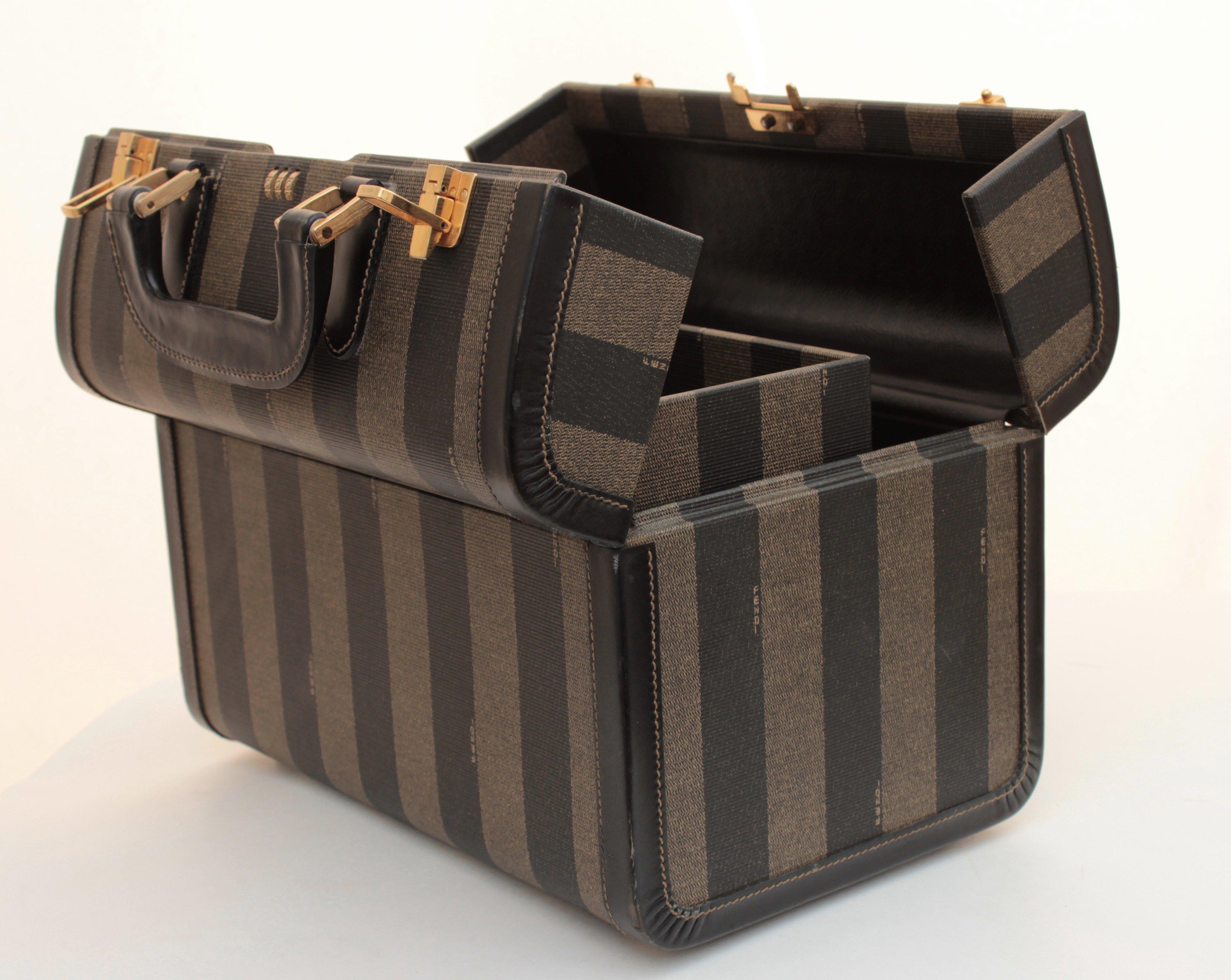 Black Fendi Vintage Train Case Carry On Bag Pequin Stripe Canvas Leather Travel 