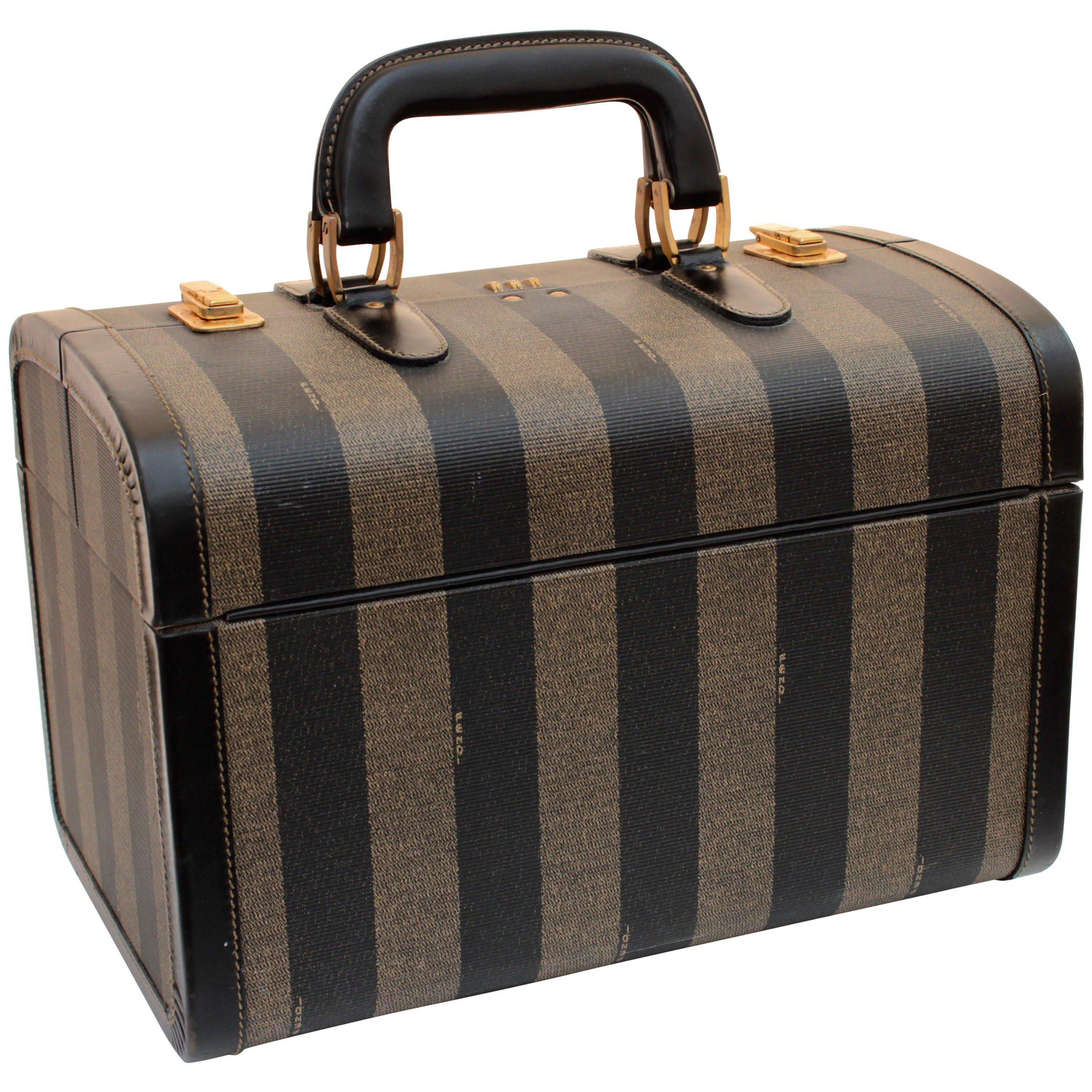 Fendi Vintage Train Case Carry On Bag Pequin Stripe Canvas Leather Travel 