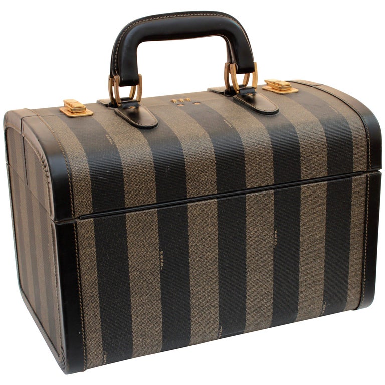 Fendi Vintage Train Case Carry On Bag Pequin Stripe Canvas Leather