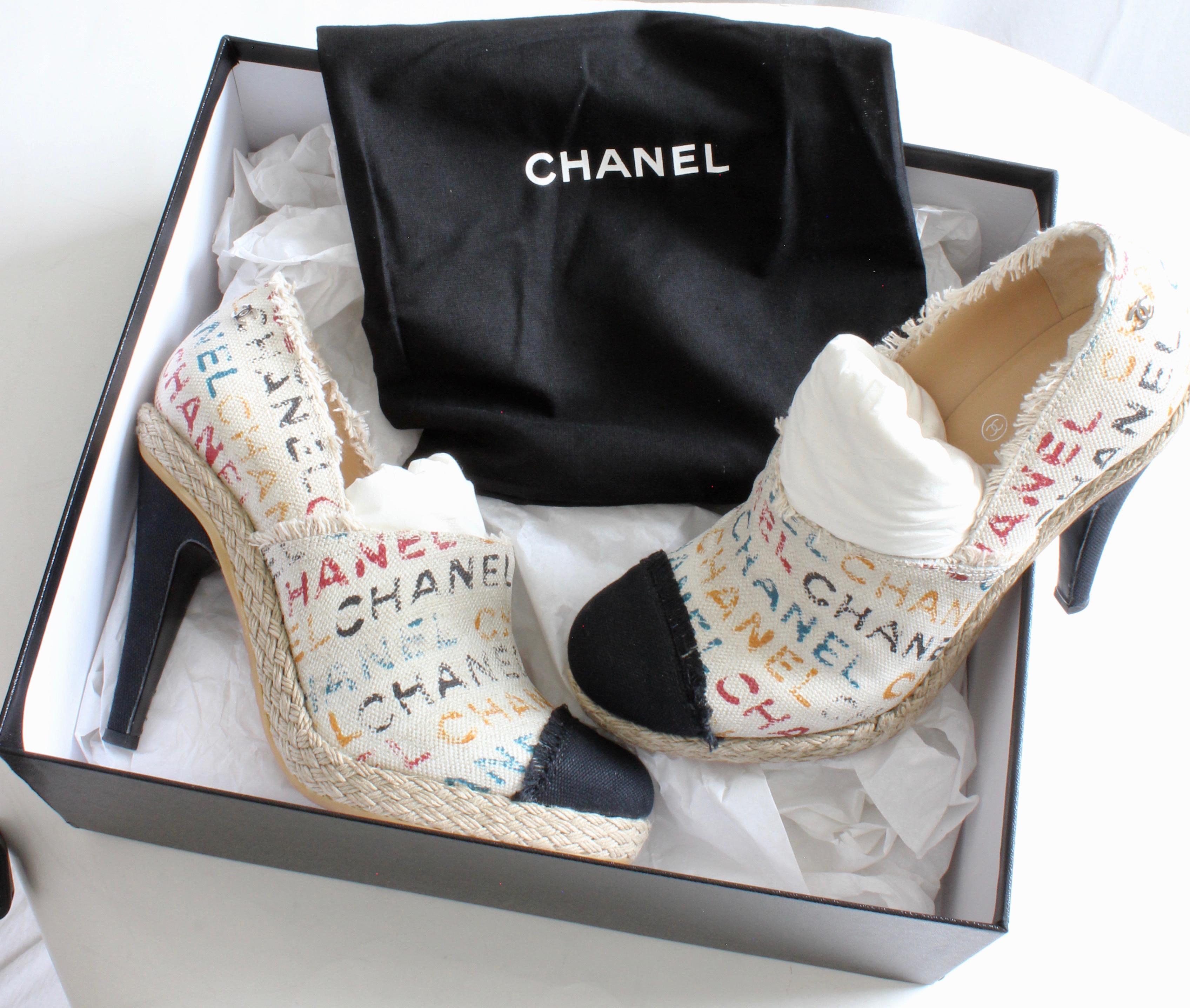 Women's Chanel Multicolor White Graffiti Toile Canvas Espadrilles Heels + Box