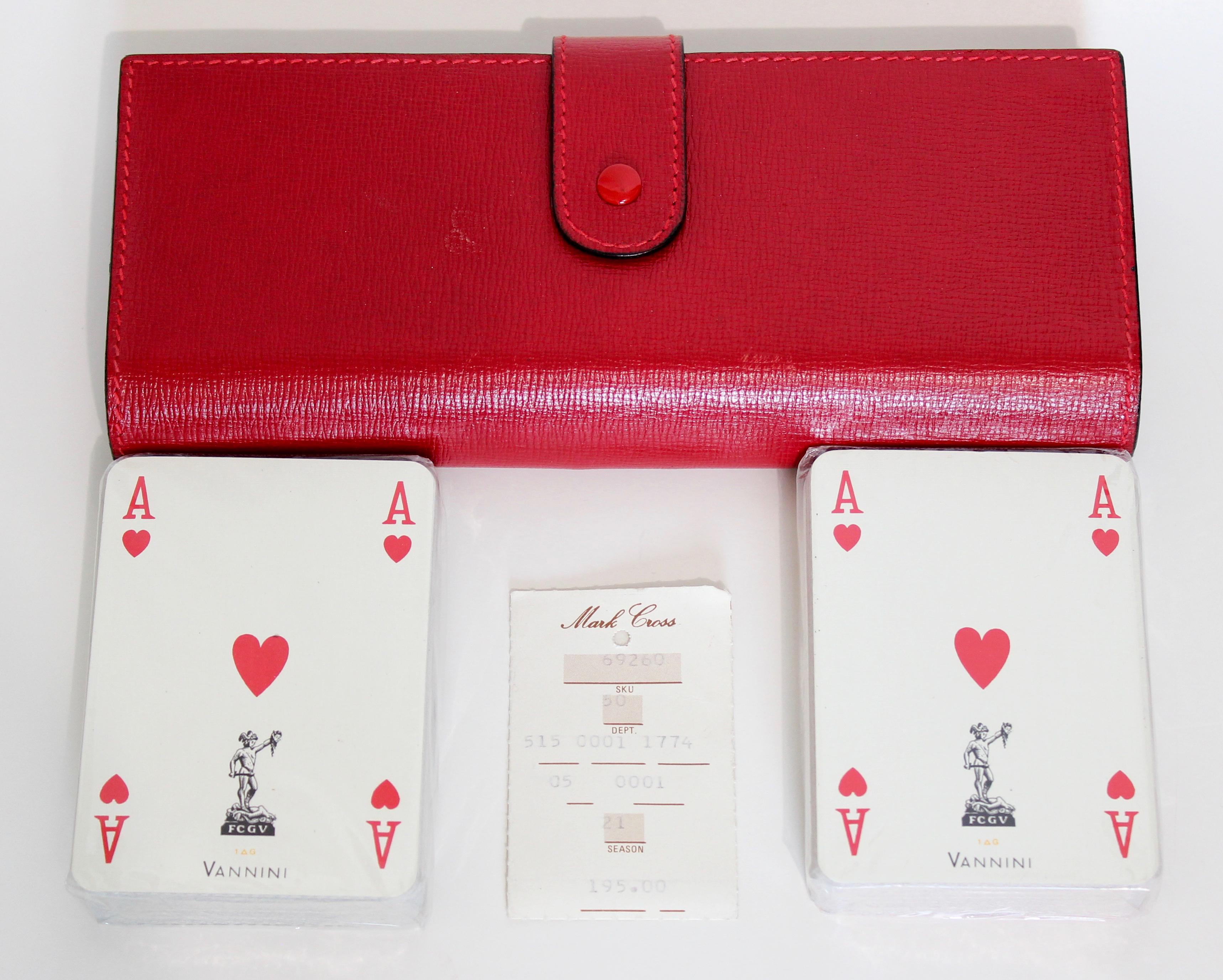 New Mark Cross Red Saffiano Leather Game Set Travel Playing Cards Notepad & Pen  For Sale 3