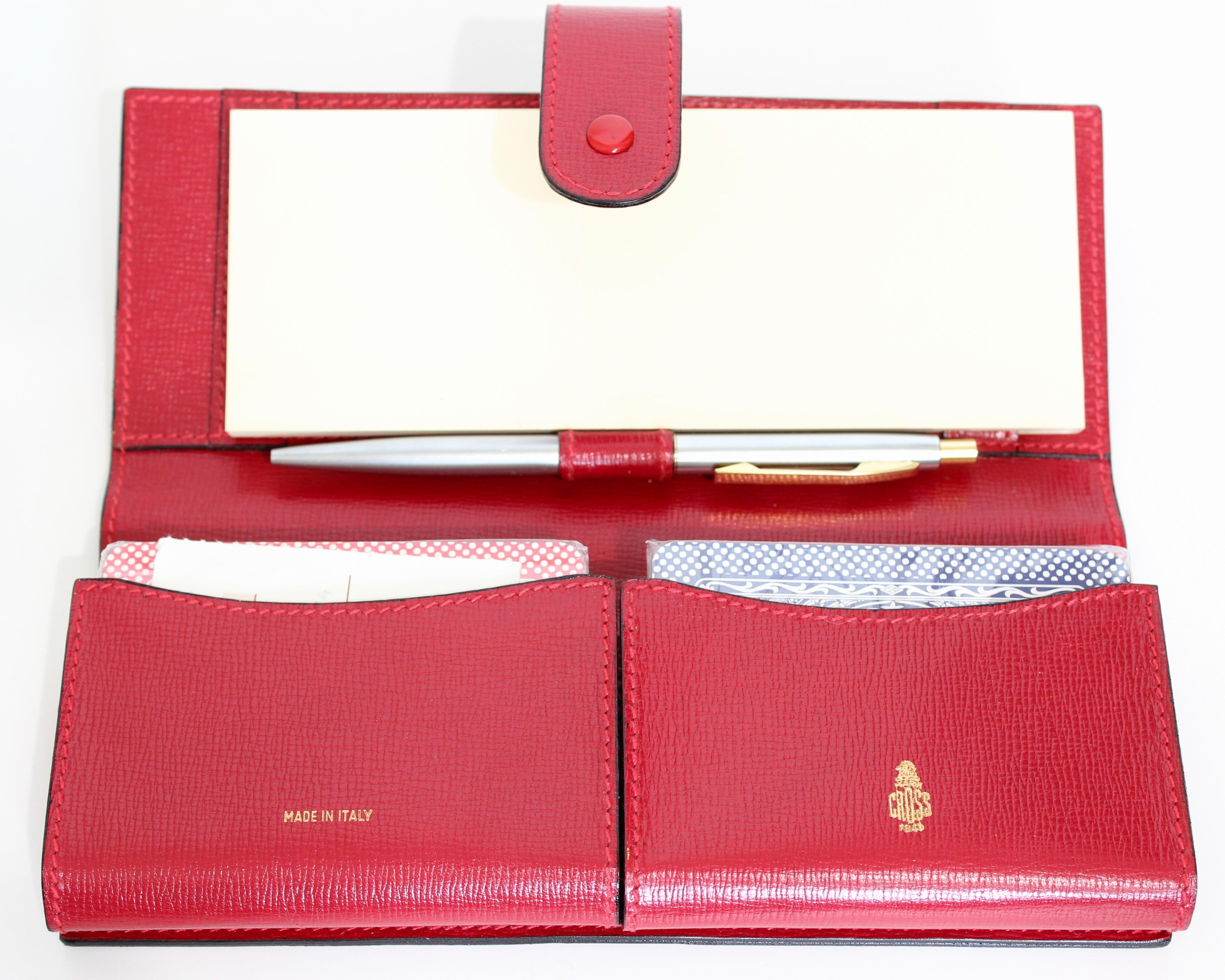 New Mark Cross Red Saffiano Leather Game Set Travel Playing Cards Notepad & Pen  For Sale 4