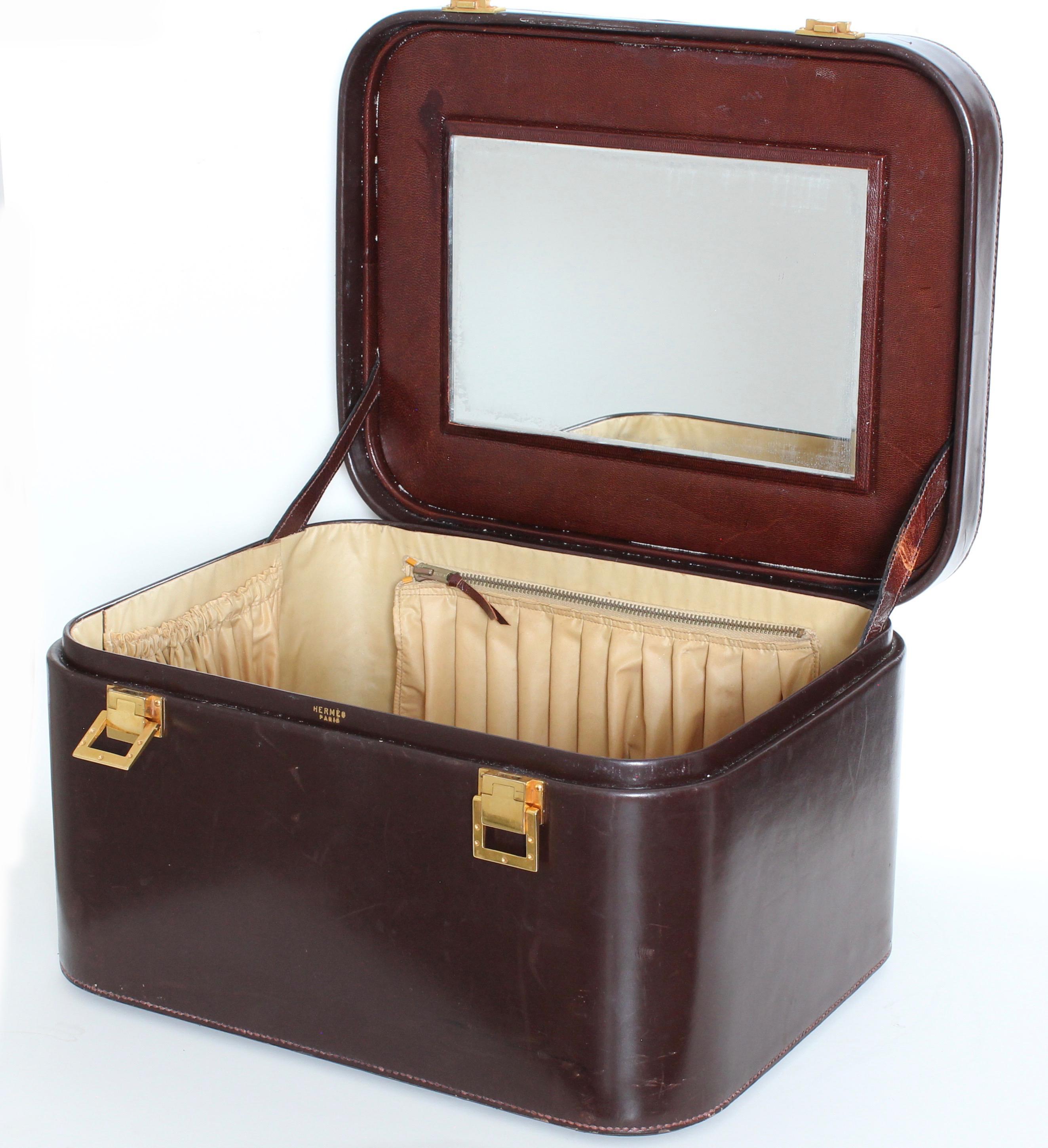 Rare Hermes Box Leather Train Case Vanity with Mirror Travel Carry On Bag 1950s 2