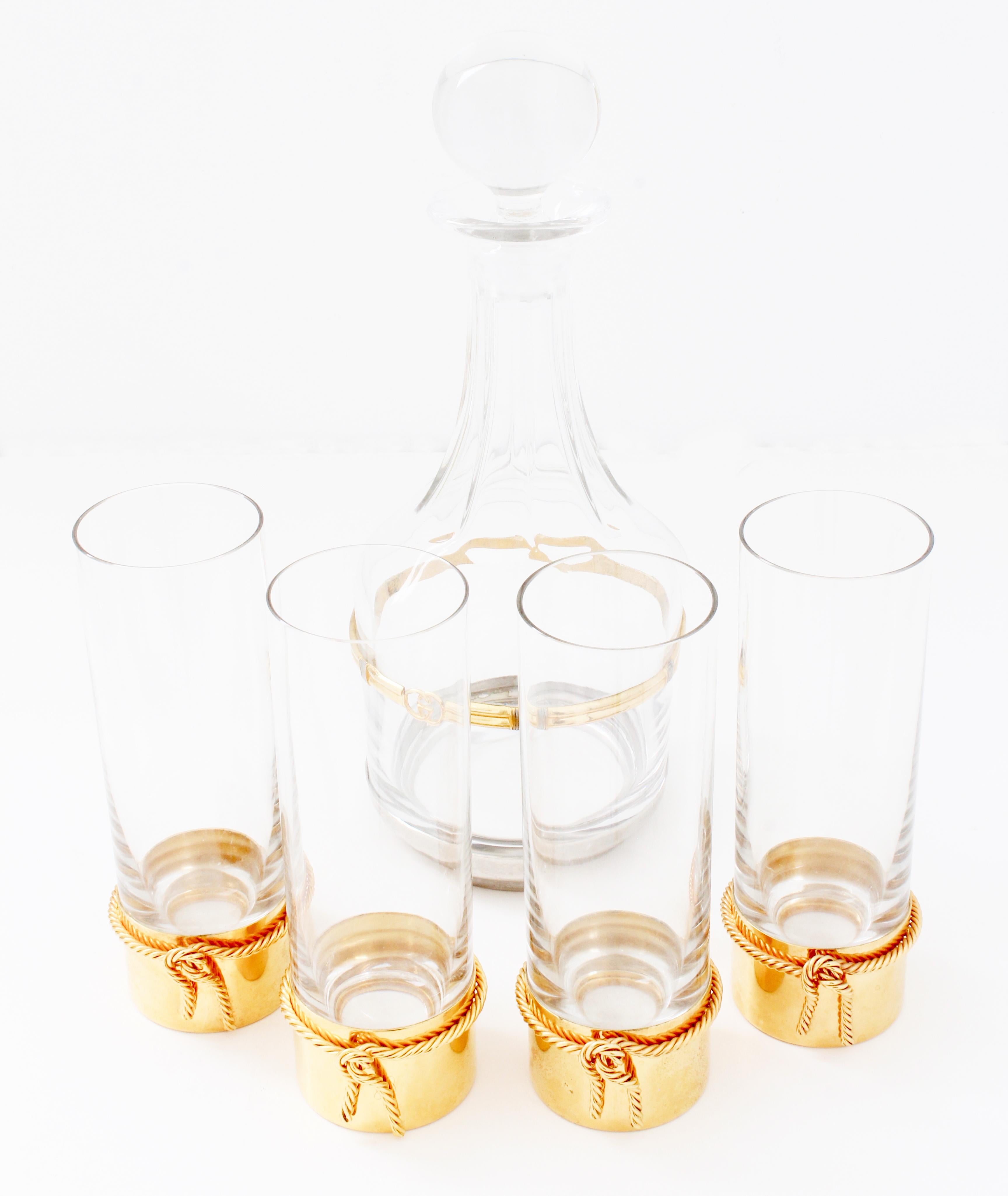 Rare Gucci Crystal & Gold Metal Highball Glasses 4pc Barware Set Cocktails 80s In Good Condition In Port Saint Lucie, FL