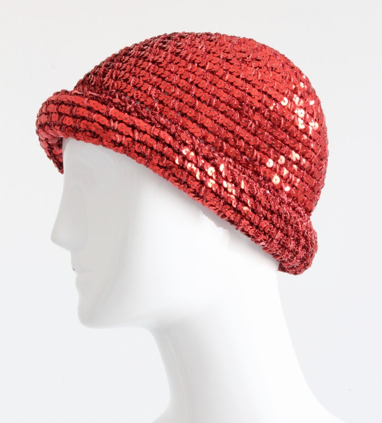 Rare Halston Red Sequins Hat Disco Skull Cap Festive Party Wear 1970s